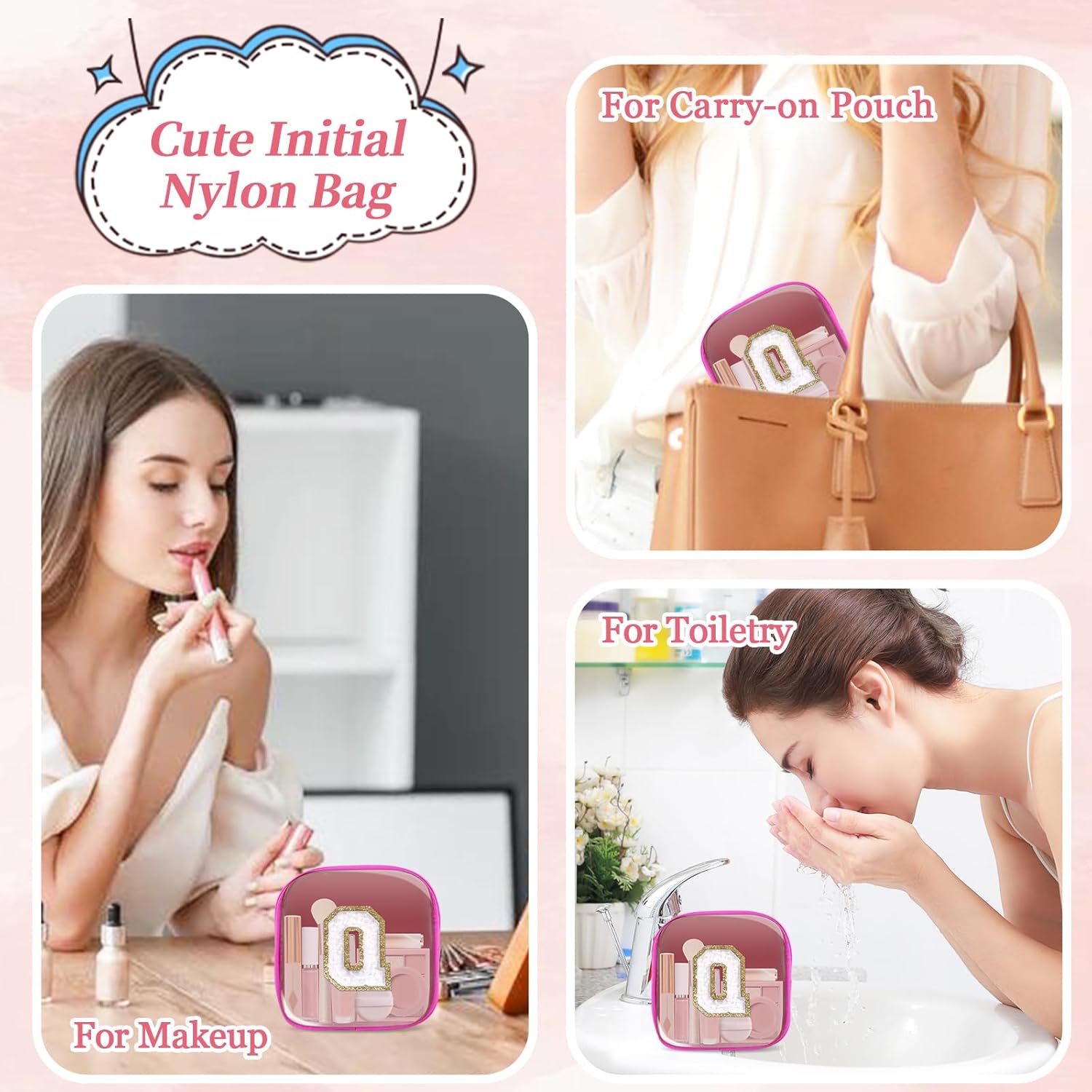 Mini Clear Personalized Initial Makeup Bag,Small Nylon Waterproof Zip Beach Cosmetic Pouch,Preppy A-Z Chenille Letter Patch Cute Coin Purse Travel Toiletry Bag Car Pack Bag for Women(Hot Pink-White Q) - Image 5