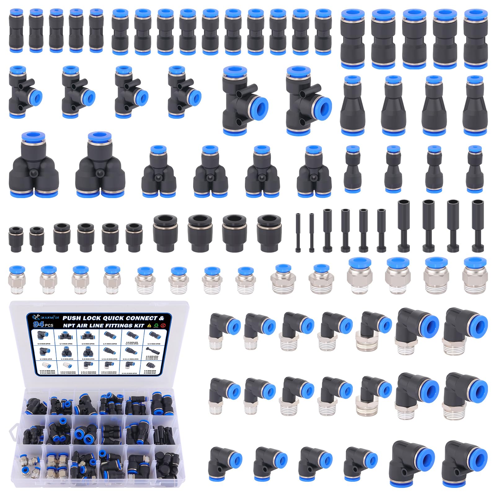 Kit de 94 raccords de conduite d'air à connexion rapide - Raccords pneumatiques de 0,3 cm, 0,6 cm, 0,9 cm, 3/8" - Raccord de tuyau d'air à dégagement rapide