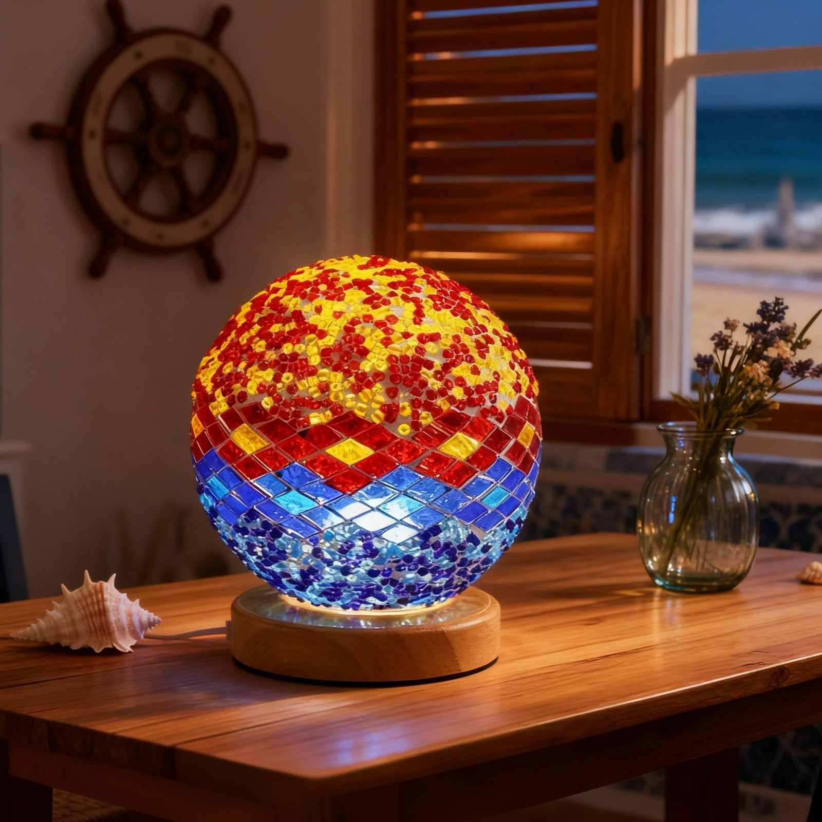 wpdash Mediterranean Mosaic Table Lamp Tiffany Style Lights USB Power Dimmable Ambient Lighting Spa Corner/Massage Room Decor Colored Coastal Bedside Lamp for Bedroom(5V 4.72"*5.31")