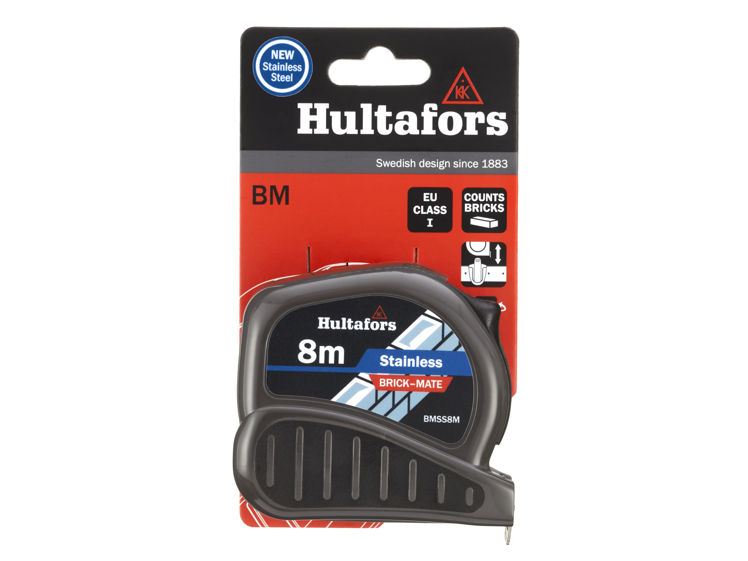 HULTAFORS BMSS8M Brick-Mate Ruban adhésif de poche en acier inoxydable 8 m (métrique uniquement) avec poignée en caoutchouc antidérapant, lame en acier inoxydable avec crochet d'extrémité solide