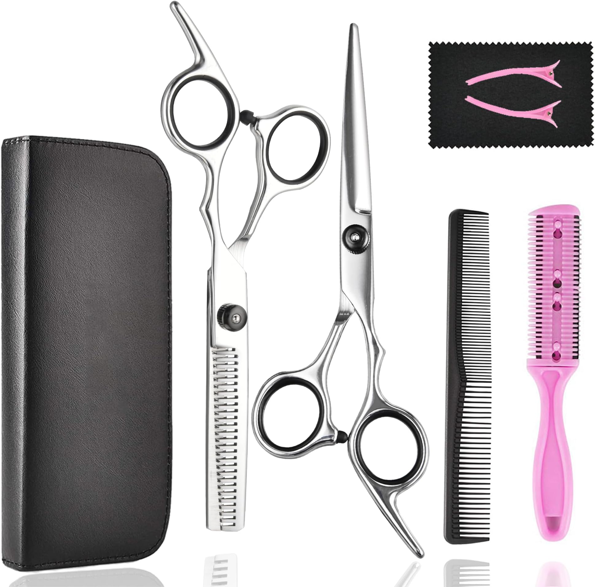 Hair Cutting Scissors Thinning Shears- Professional Barber Sharp Hairdressing Shears Kit With Haircut Accessories In Leather Case For Styling Women Men Pet- 7 Pcs