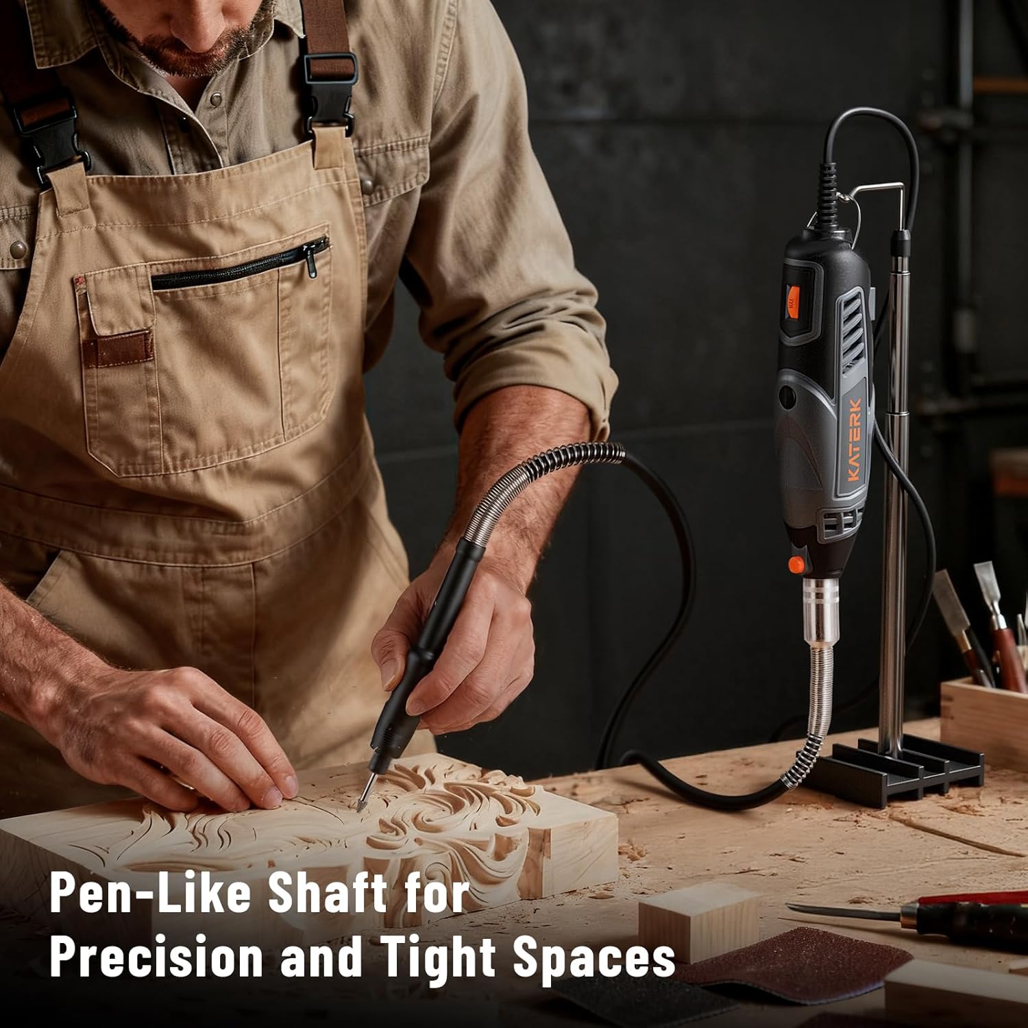 A person using the Katerk rotary tool with the flexible shaft attachment to carve intricate details into a wooden piece.