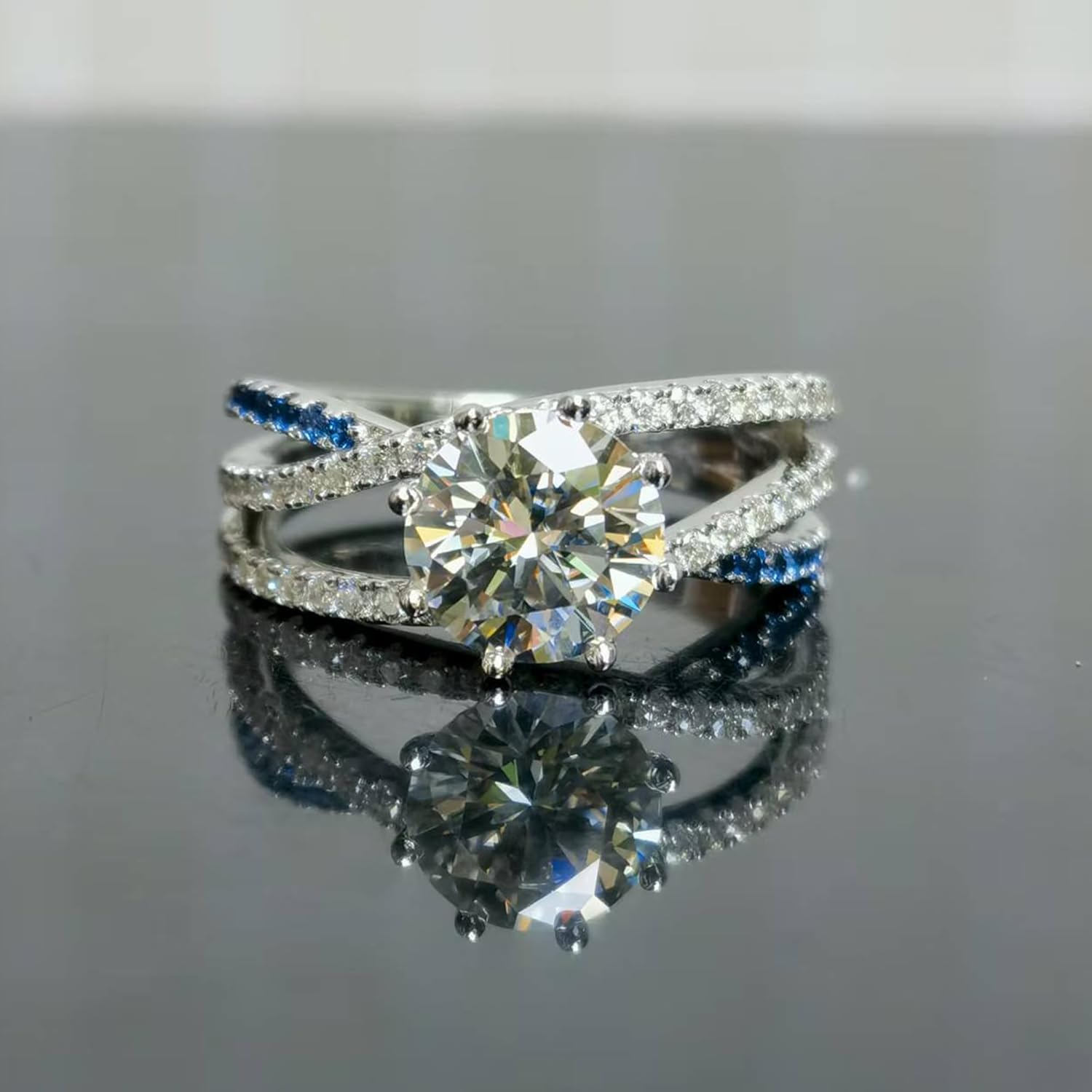 DovEggs Moissanite Engagement Ring for Women,Wedding Rings 2ct F-G-H Color Cut Twisting Split Shank Criss Cross Moissanite&Blue Sapphire Sterling Silver with 18K White Gold Plated Ideal Gift