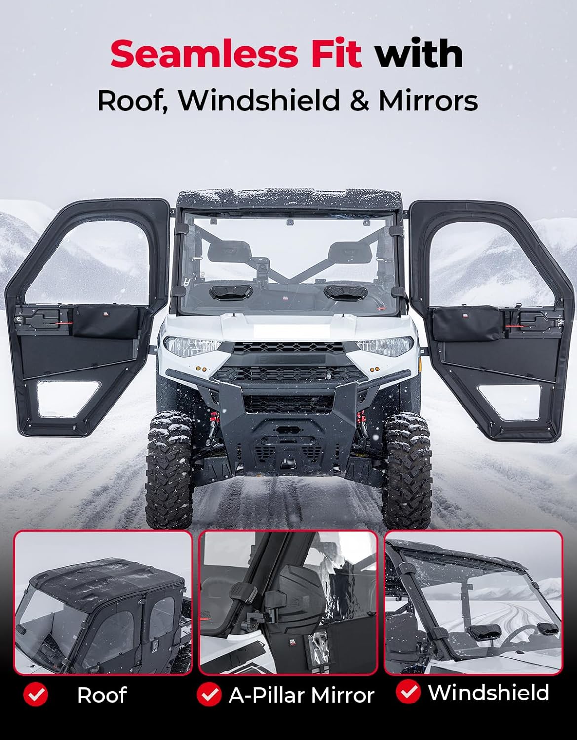 KEMIMOTO UTV Doors With Steel Frame Compatible with Polaris Ranger CREW XP 1000 2019-2026, Cab Enclosure Water-Resistant, Tear-Resistant, Embossed PVC Oxford Fabric Frame Door Kit