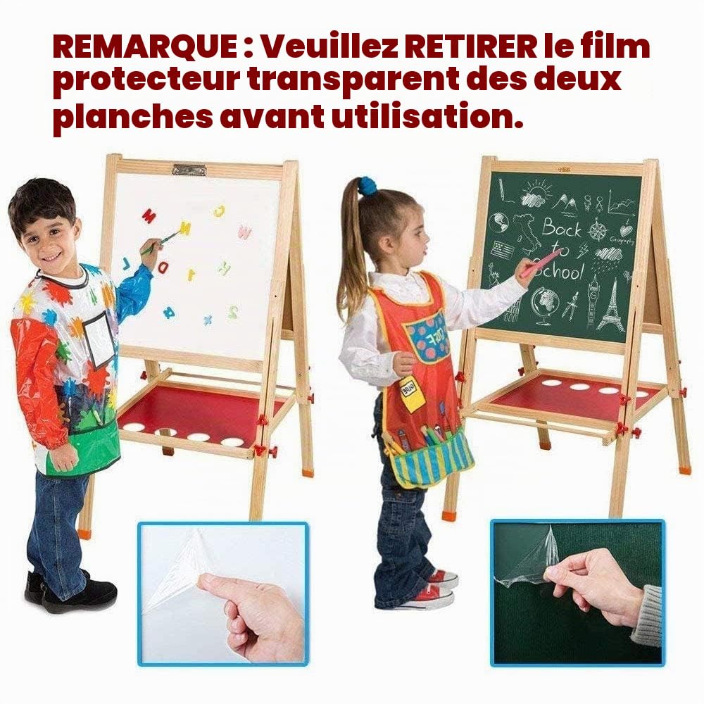 Chevalet pour Enfants en Bois, Chevalet d'art Double Face avec Rouleau de Papier Tableau Blanc et Tableau Noir avec Plateau de rangement pour accessoires Hauteur Réglable pour enfants 3+ ans