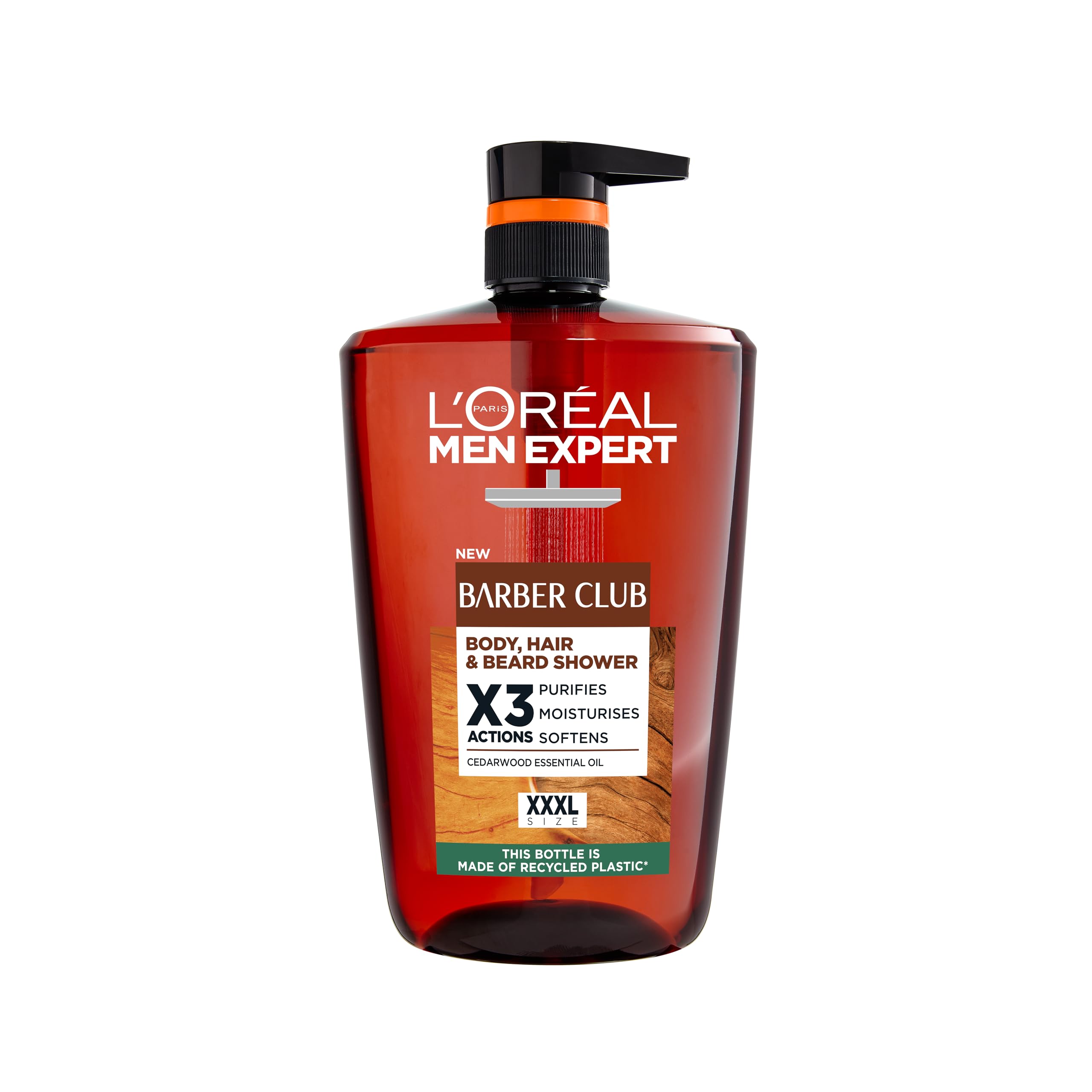 L'Oréal Men's Shower Gel, Men Expert Barber Club 3-in-1 Body Wash 1L Pump, Cedarwood Oil for Body, Hair & Beard Grooming, Deep Cleanse & Active Moisturisation - 1