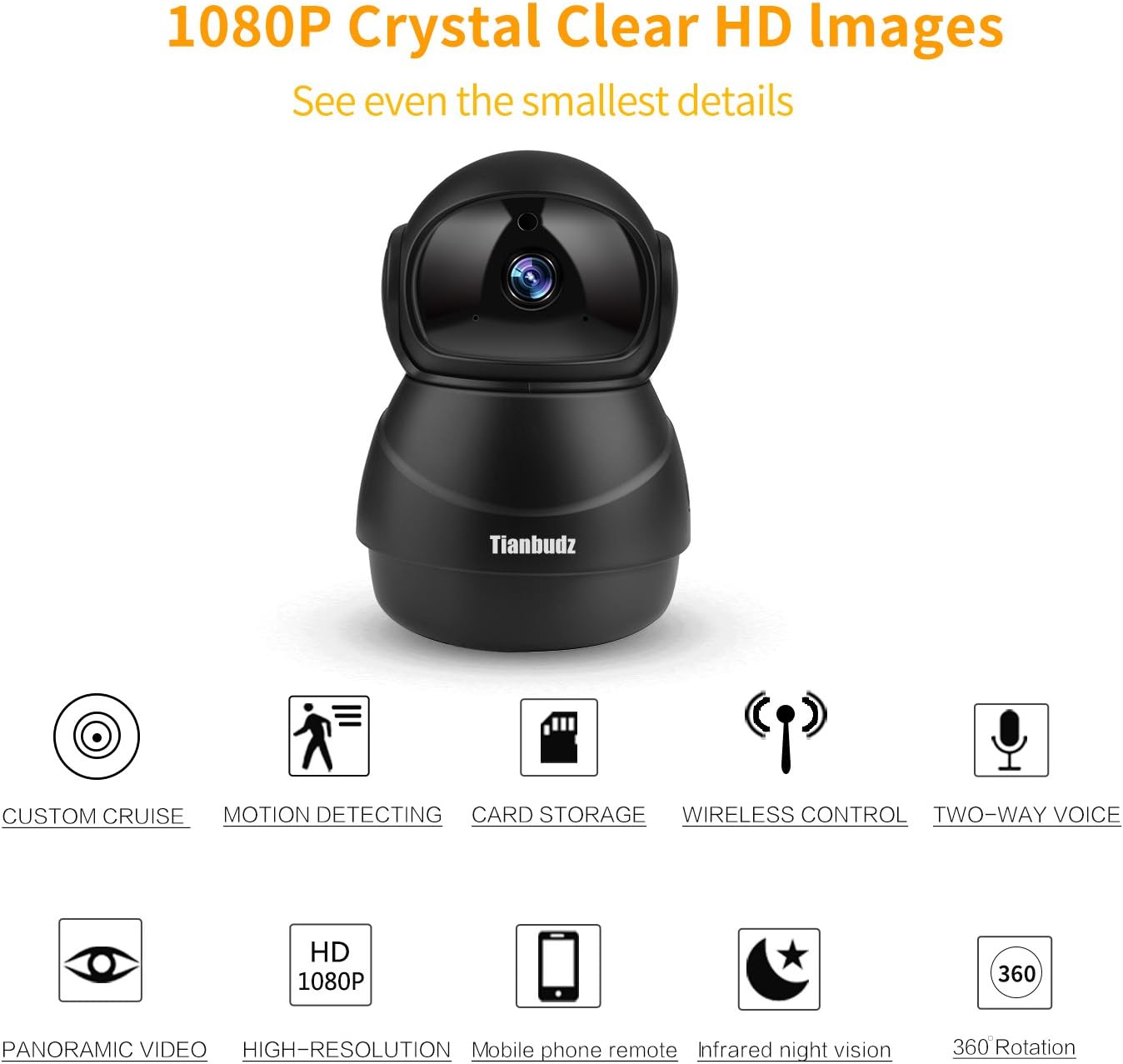 Tianbudz 1080P Wireless IP WiFi Camera Home Security Indoor Camera with Night Vision Motion Detection 2-Way Audio Home Security Surveillance Pan/Tilt/Zoom/Baby/Elder/Pet Monitor
