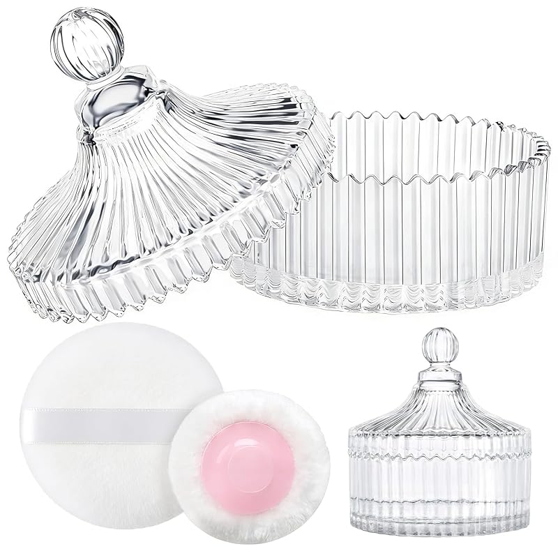 LAKIRA Large Body Powder Puff and Container, 2 Large Powder Puffs, Crystal Powder Container with 3.93" Puff for Baby Women, Dusting Powder Container with Puffs for Women, Bath, Home Use (4″ Pure)