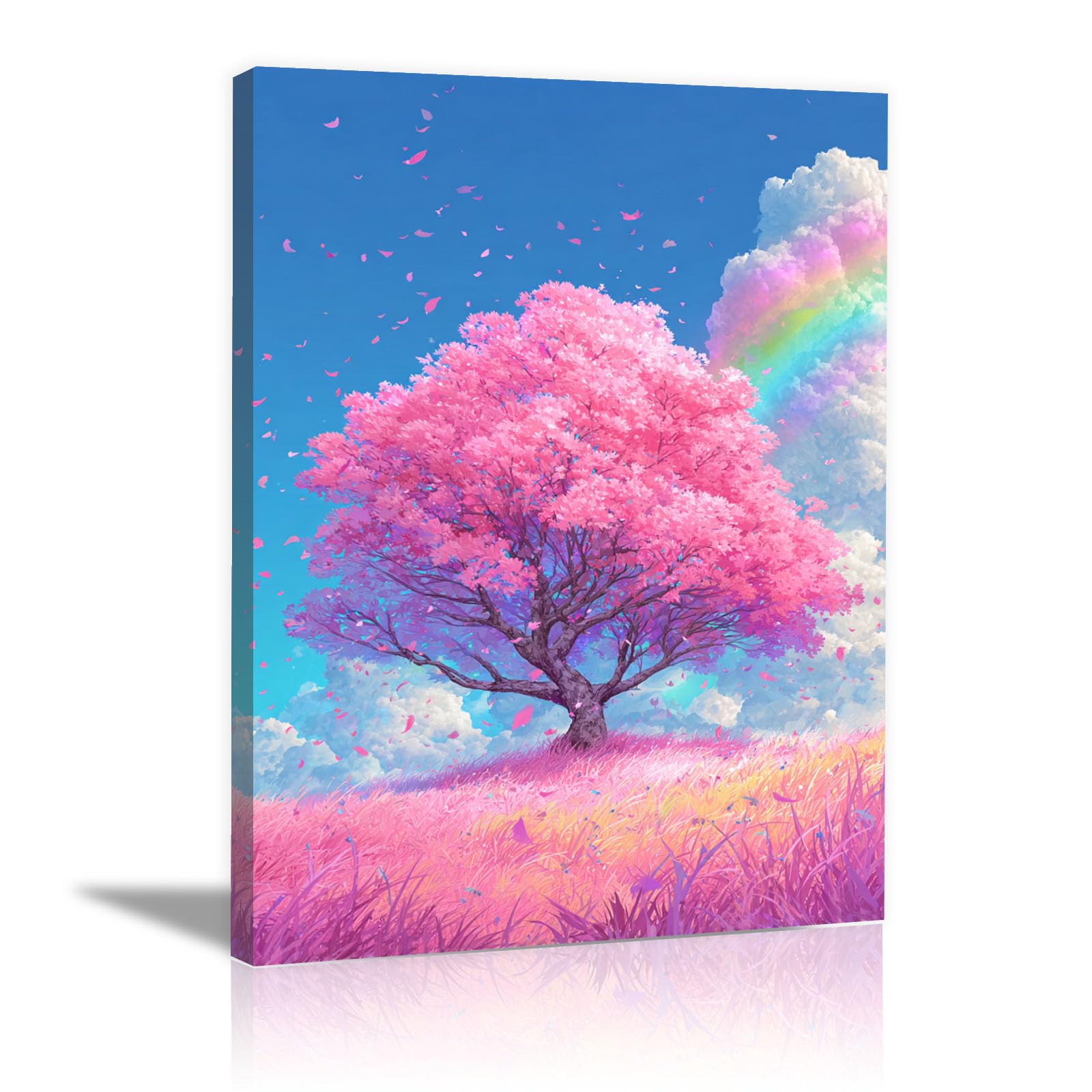 Teruea Pink Wall Art Canvas Prints - Blush Blossom Tree, Petal Clouds & Soft Wild Grass Spa Pictures Wall Decor Art Prints For Yoga Meditation Room Decor(Pink)-20X30cm1 Framed