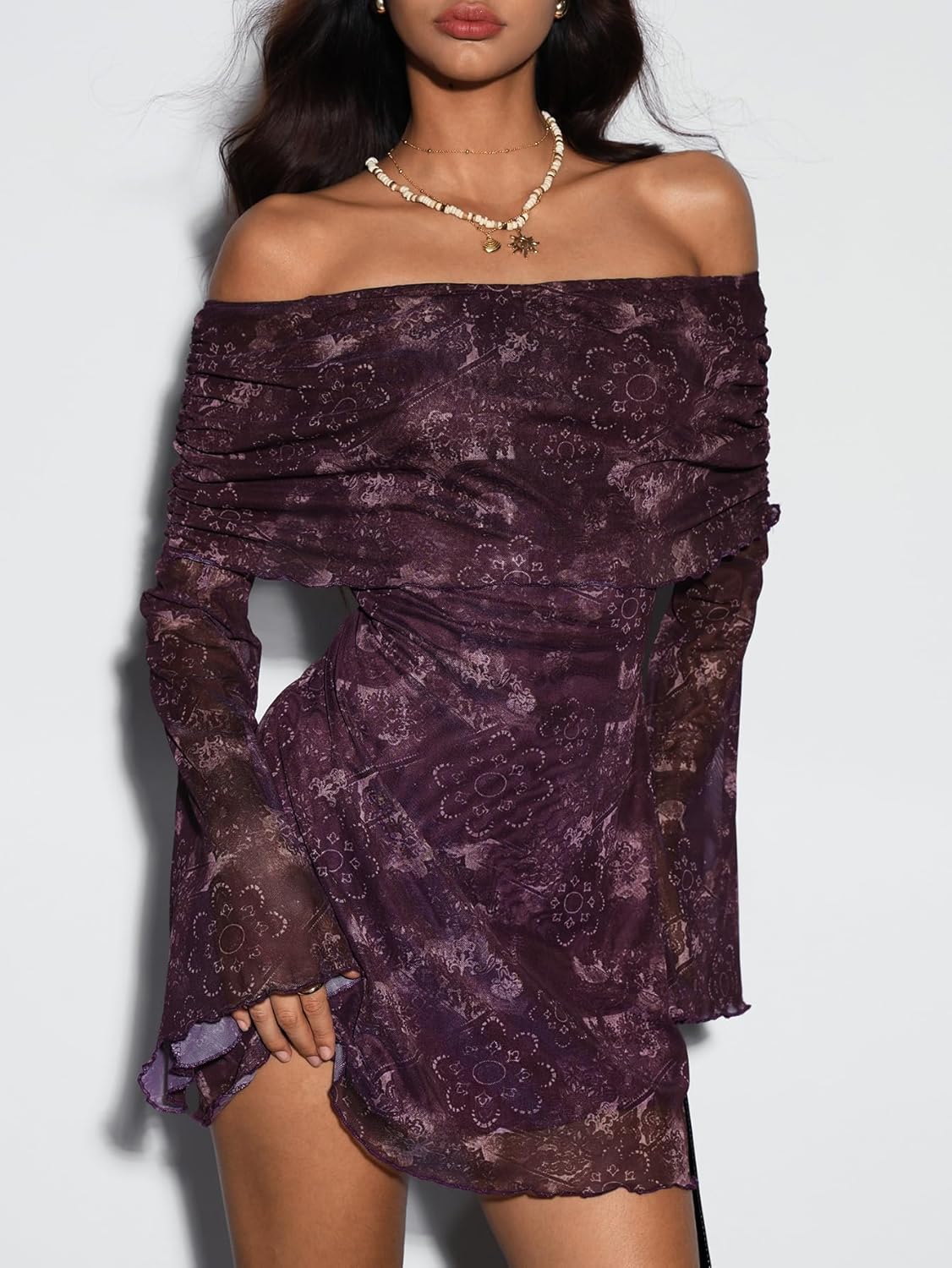 Verdusa Women's 70s Vintage Floral Off The Shoulder Dress Foldover Long Sleeve Bodycon Mini Dress - Image 6