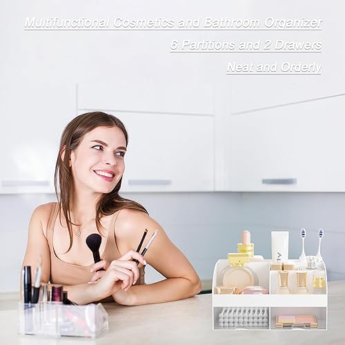 Miniatura 3 de Organizador de maquillaje con 2 cajones, almacenamiento de cosméticos para tocador y encimera de baño, organización de maquillaje y almacenamiento