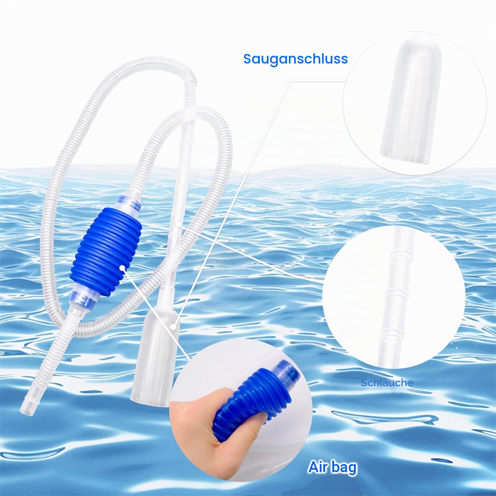 Mulmsauger Aquarium aus Kunststoff, Aquarium Sauger mit Waschkopf, Absaugrohr, Auslaufrohr und Luftsack, Ideal für Aquarium Reinigung und Wasserwechsel