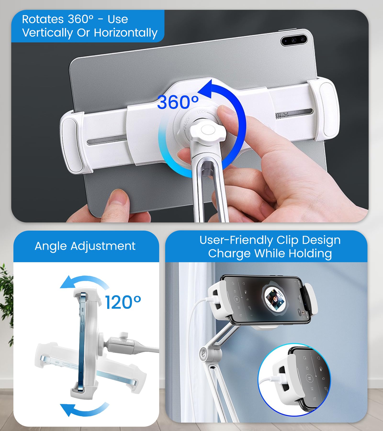 Soporte de aleación de aluminio ajustable para tableta, soporte giratorio de 360° compatible con teléfono/tableta de 4.7 a 12.9 pulgadas, iPad, iPhone, Samsung, Kindle, Switch, soporte de
