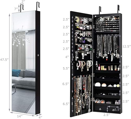 Miniatura 7 de Giantex Armario de joyería para puerta de pared con espejo de longitud completa 2 LED con cerradura grande organizador de joyas con espejo ancho