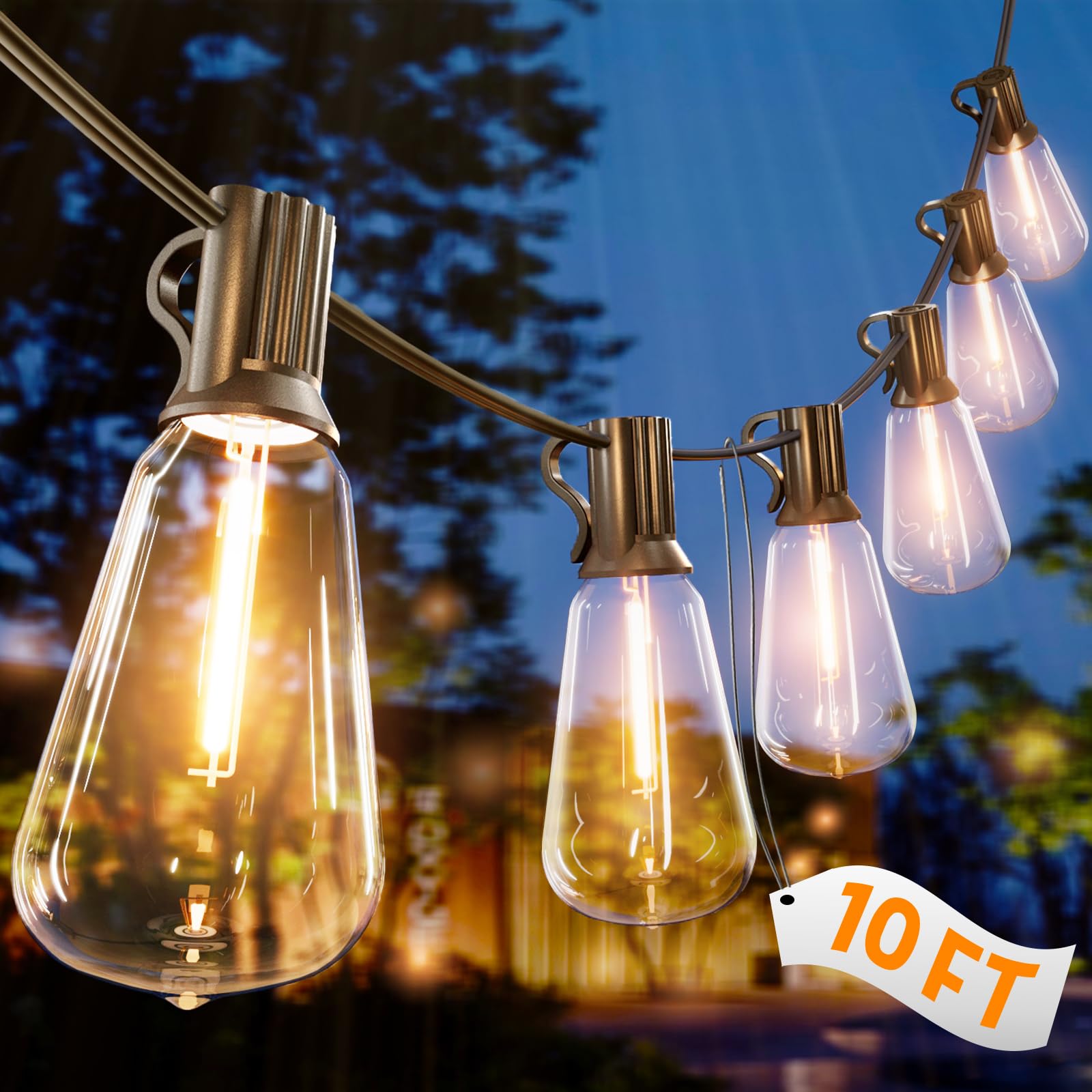 10FT Outdoor String Lights - Waterproof LED Patio Lights Shatterproof ST38 Edison Bulbs, Connectable Hanging Outdoor Vintage Lights for Indoor Backyard Yard Gazebo Porch Party Decor