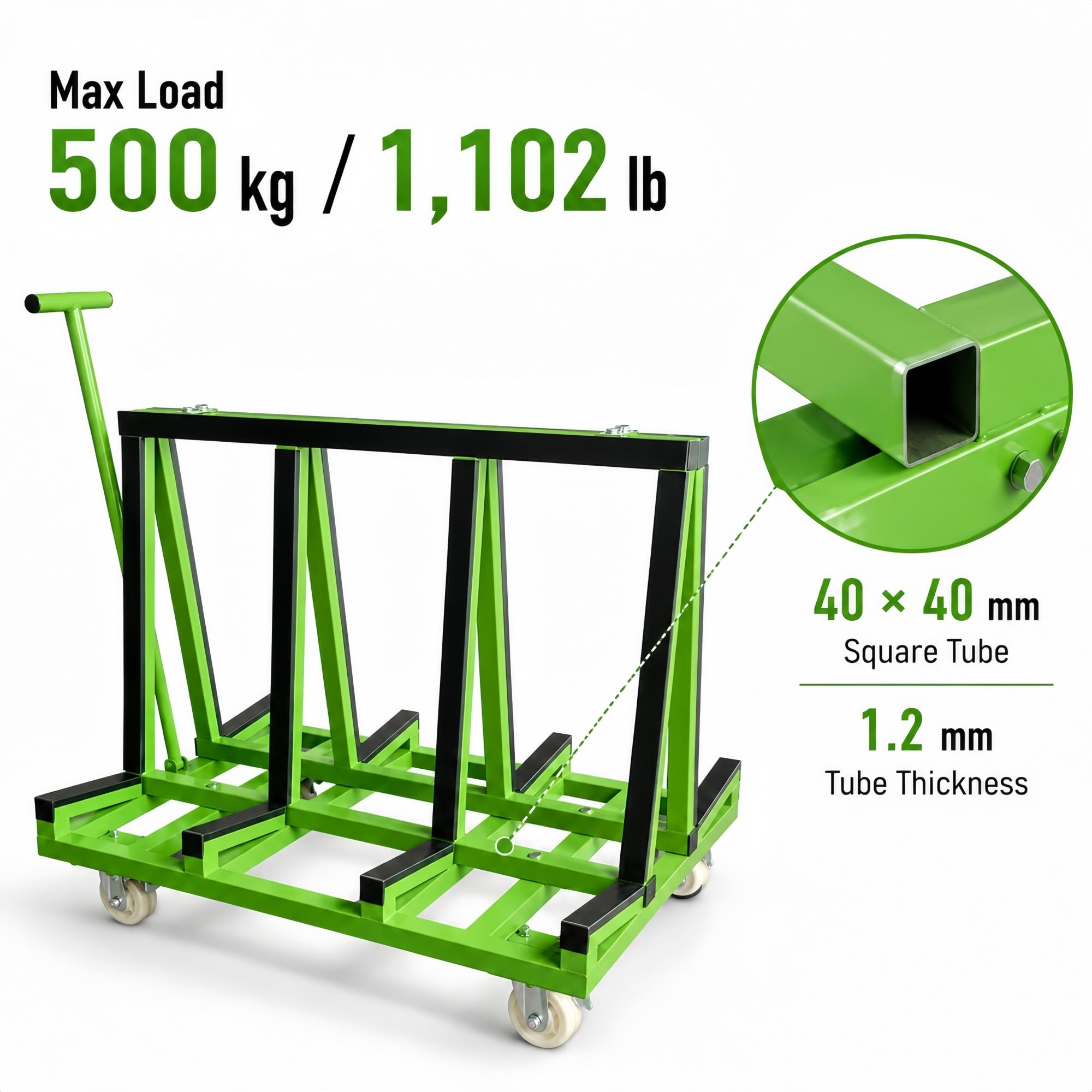Plattenwagen mit Rollen for Glasplatten, Werkstatt und Lager | PVC-Kanten und Rohrrahmen, Griff und Rollen mit Bremse for Materialtransport im Lager(Green,200cm/78.7in)