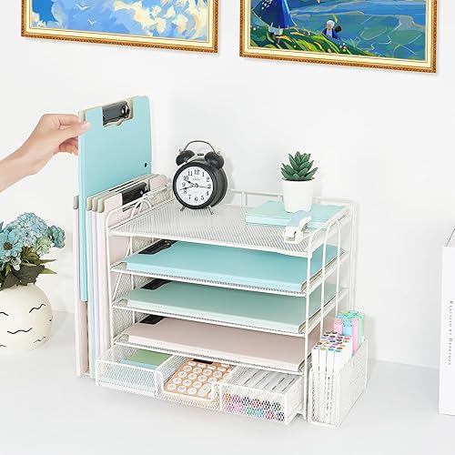 Miniatura 7 de Youbetia Organizador de escritorio de 5 niveles y almacenamiento con estantes verticales de malla para archivos, bandeja de papel de escritorio,