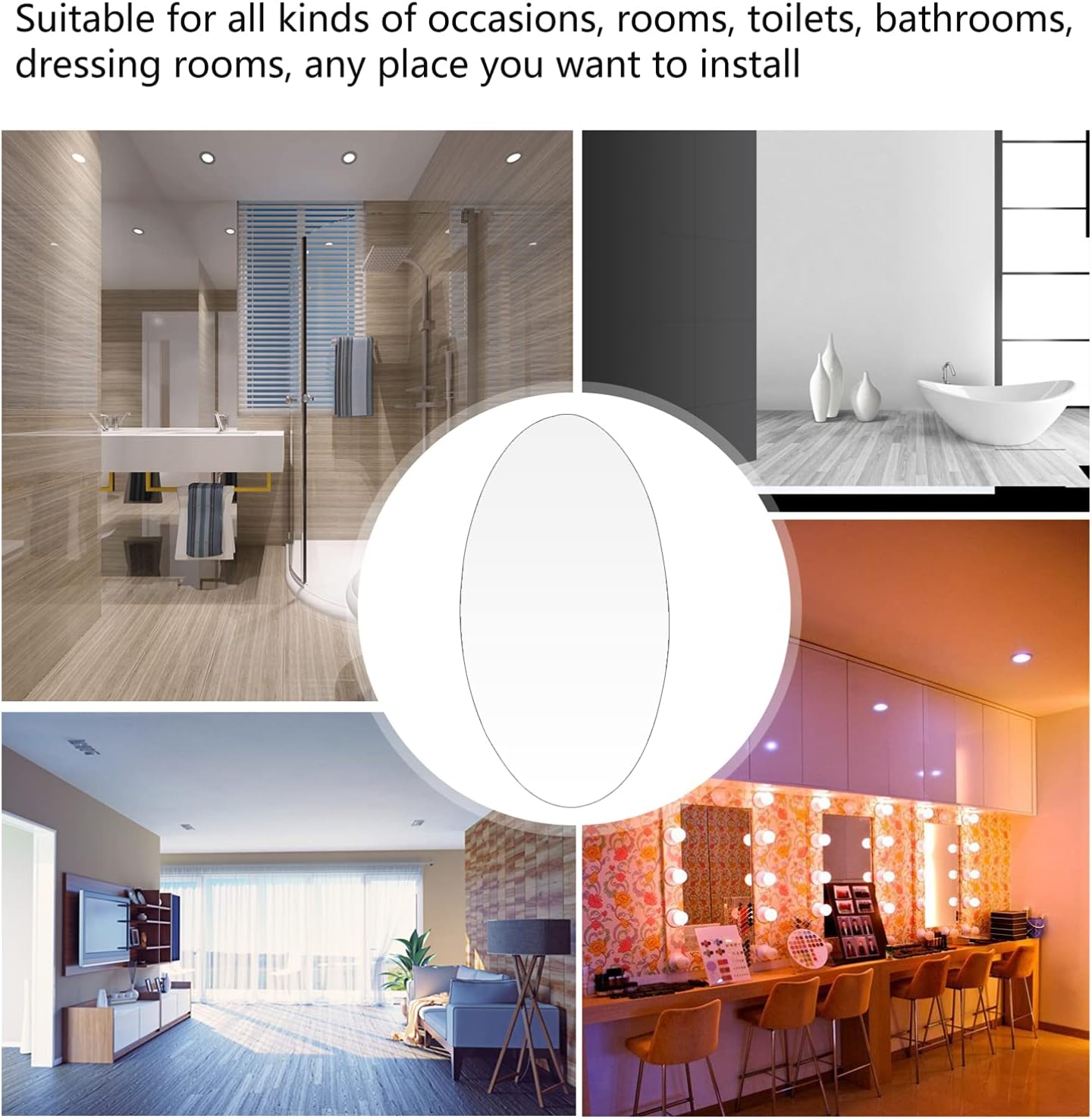 DOITOOL 2pcs Acrylic Mirrors 10.6 inch Oval Mirror, Self Adhesive Small Mirror Stickers for Wall Bathroom Home Decor DIY Crafts, Flexible Plastic (10.6x6.6 inch)