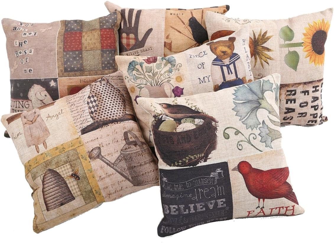 Mega TPC Home Decor Cotton Linen Square 6Pcs Pillowcase Set of 6 Vintage Patchwork Pattern Throw Pillow Sham Cushion Cover 18" x 18"