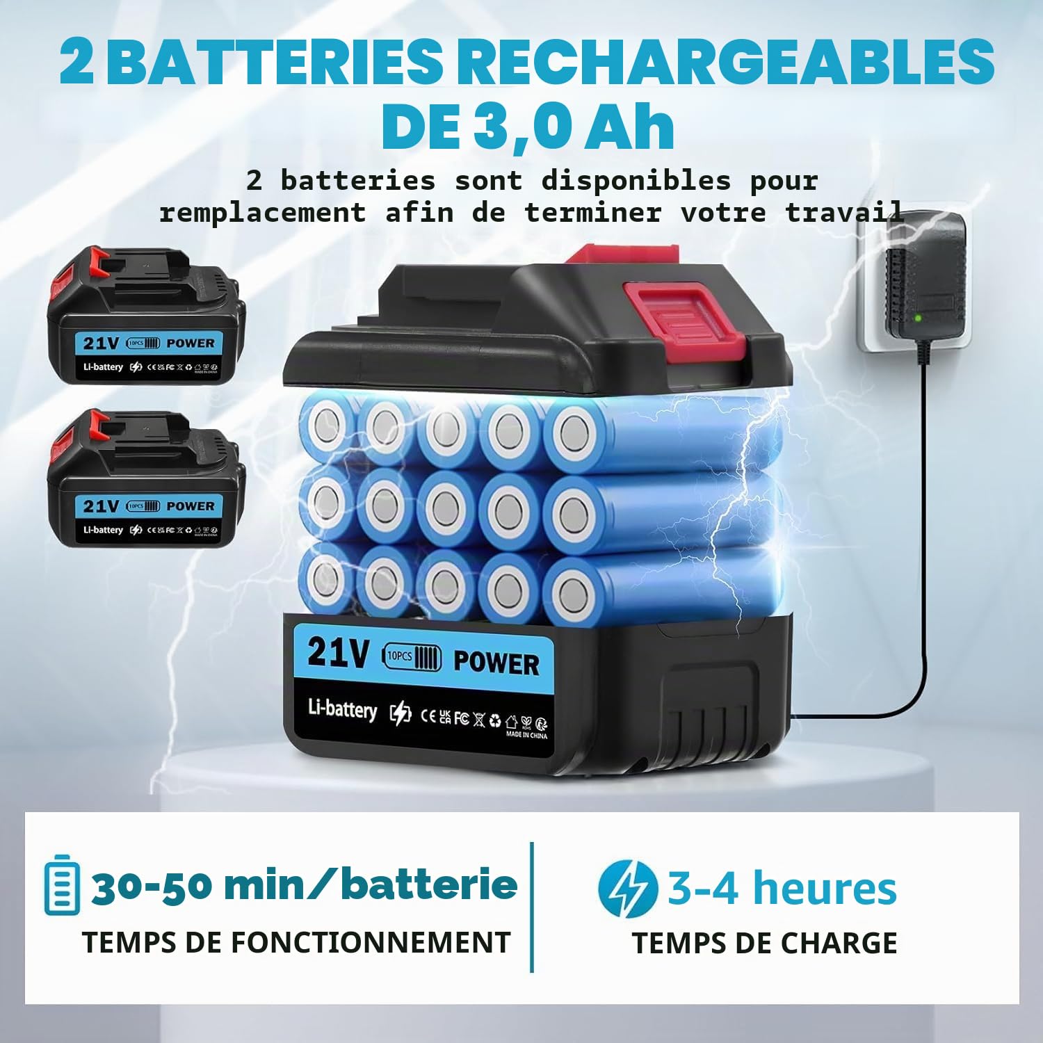 Nettoyeur à Pression sans Fil 6 en 1 Buse avec 2 * 3.0Ah Batterie 21V | Nettoyeur Haute Pression Portable 120 Bar 3.4GPM 3 Vitesses Buse 5m Tuyau Chargeur pour Voiture Jardin Arrosage