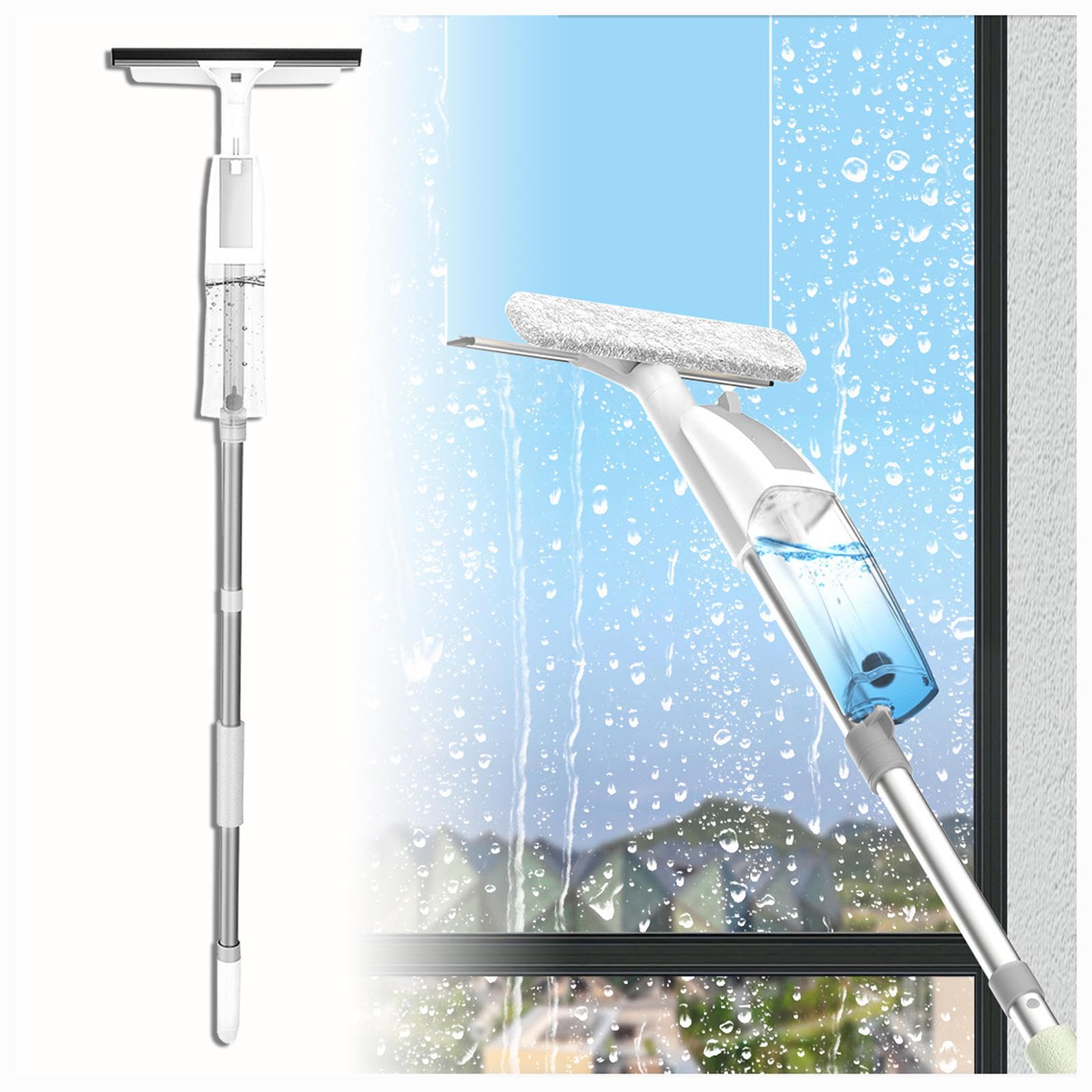 3 en 1 Spray Limpia Cristales con Poste Telescópico, Limpiador Cristales con 3 Paños Microfibra para Ventana De Coche De Ducha