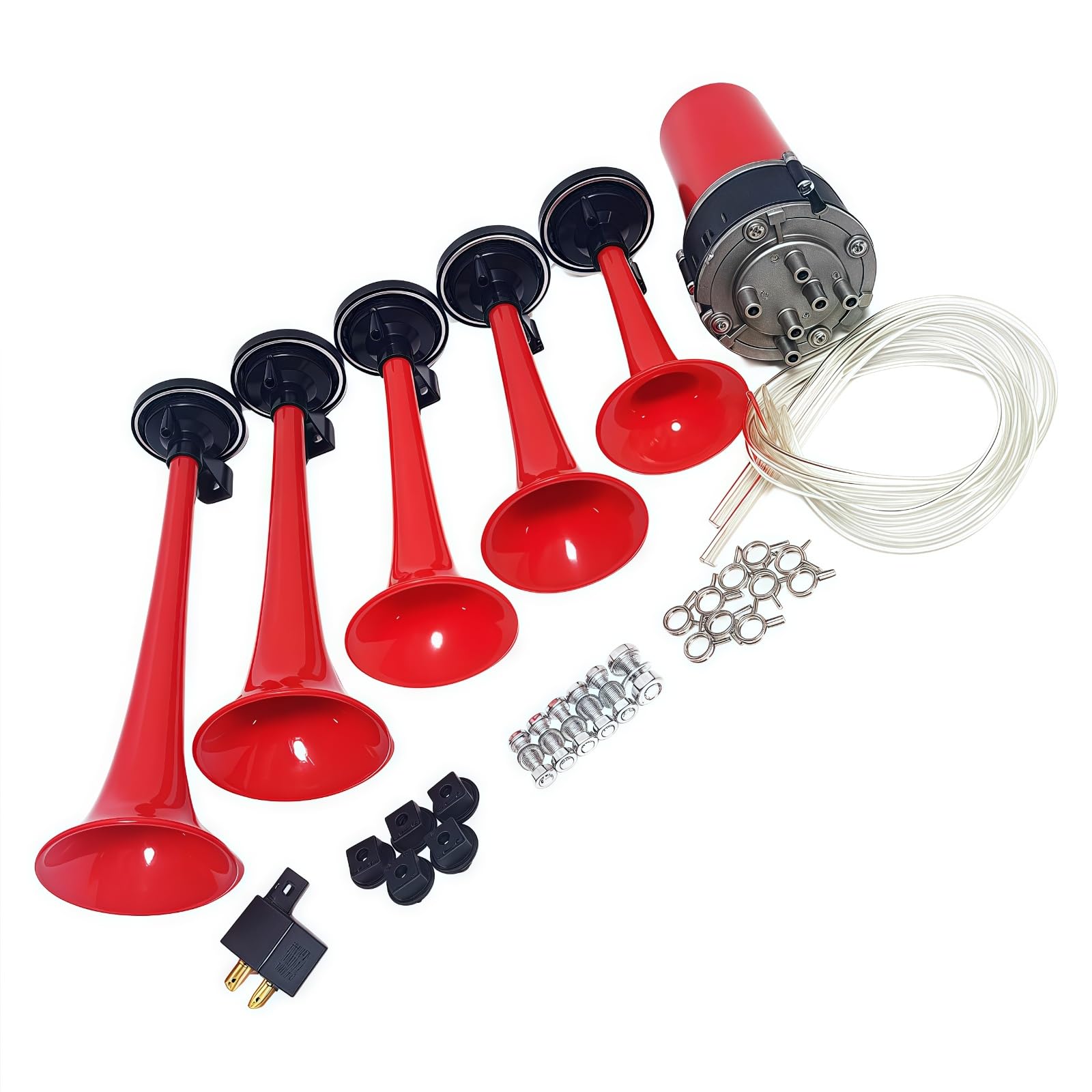 Klaxon à air trompette Klaxon de voiture 12V Air Horn Trompette musicale 165db Corne d'alarme Cinq tubes Dixie rouge étanche avec pompe à air haut-parleur Car Horn pour 12V bateau camion etc