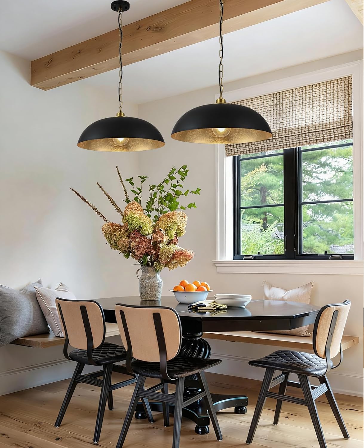 Black and Gold Dome Pendant Lighting for Kitchen Island, 20" Matte Black Chandelier with Gold Leaf Interior, Ceiling Light for Dining Room or Bar
