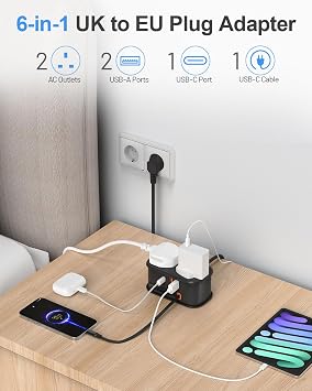 UK to European Plug Adapter with 1.5M Extension Cable,FDTEK 2 Way Travel Extension Lead with 3 USB Slots & Retractable USB C Cable, Type E/F Travel Adapter for Germany France Spain Greece etc