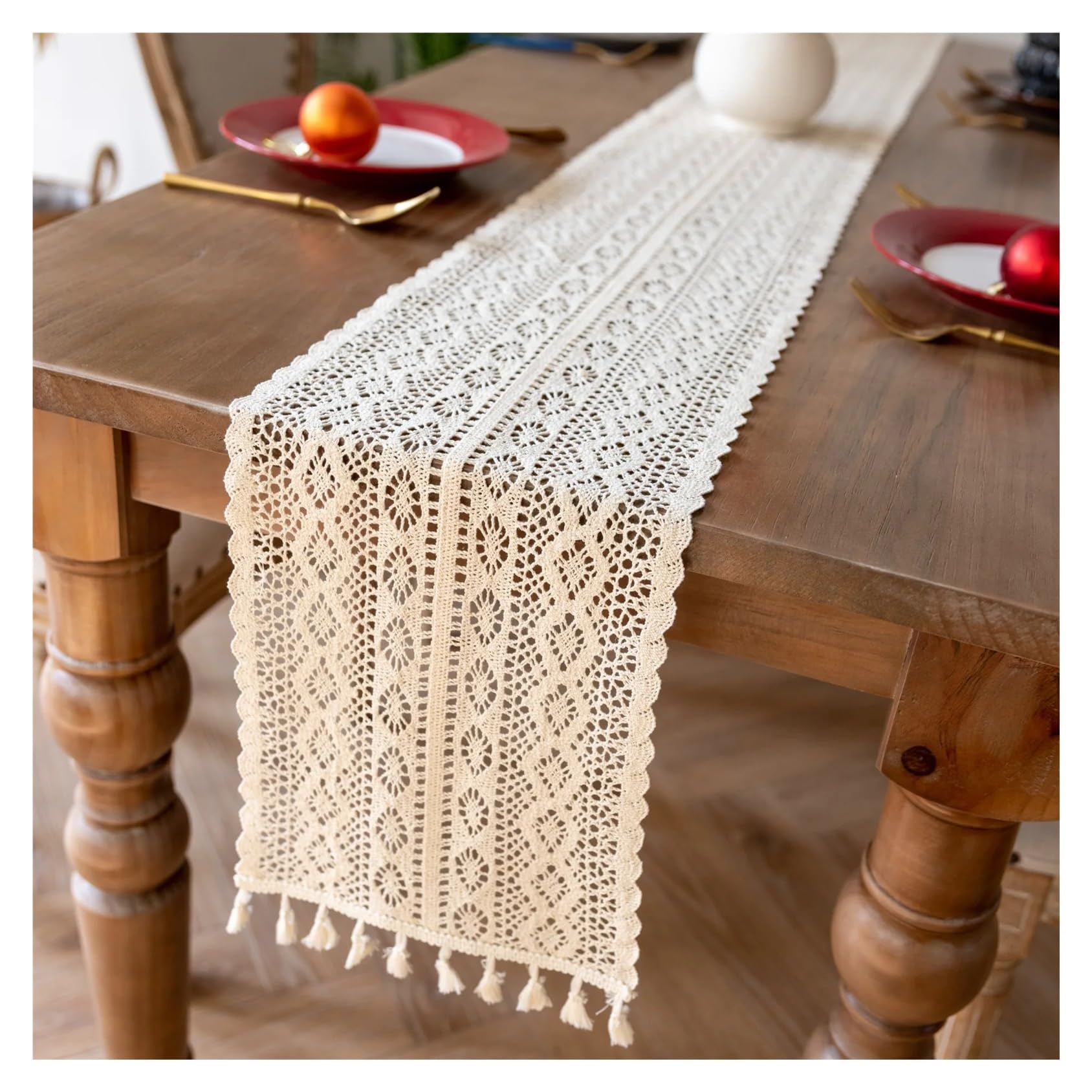 Runner Da Tavola Runner Da Tavolo In Cotone E Pizzo All'uncinetto Con Nappe, Decorazione For La Tavola Di Nozze For Casa(Beige,24X300cm)