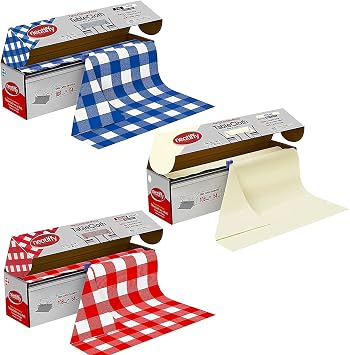 Neatiffy Disposable Plastic Table Cloth Roll | 54 in x 108 Ft Waterproof Tablecloth | Cover for Rectangle, Square, Round, Oval Tables | Picnic, Party, Banquet, Birthdays, WeddingsBlue G Ivory Red G