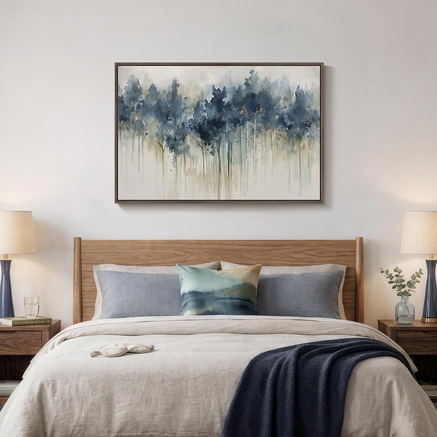 Framed Blue Abstract Forest Wall Art, Horizontal Watercolor Canvas Artwork for Walls, Modern Picture Print Wall Decor, Abstract Landscape Artwork for Living Room Bedroom Office Dining Room, 24x36 Inch
