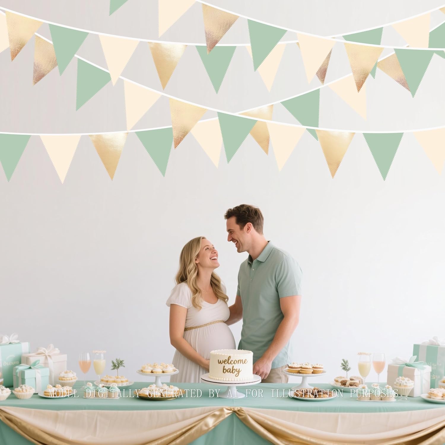 Sage Green Beige Champagne Gold Party Decorations Metallic Fabric Triangle Pennant Banner Bunting Flag Garland for Baby Shower Birthday Wedding Engagement Bridal Shower Graduation Decoration Supplies image 5