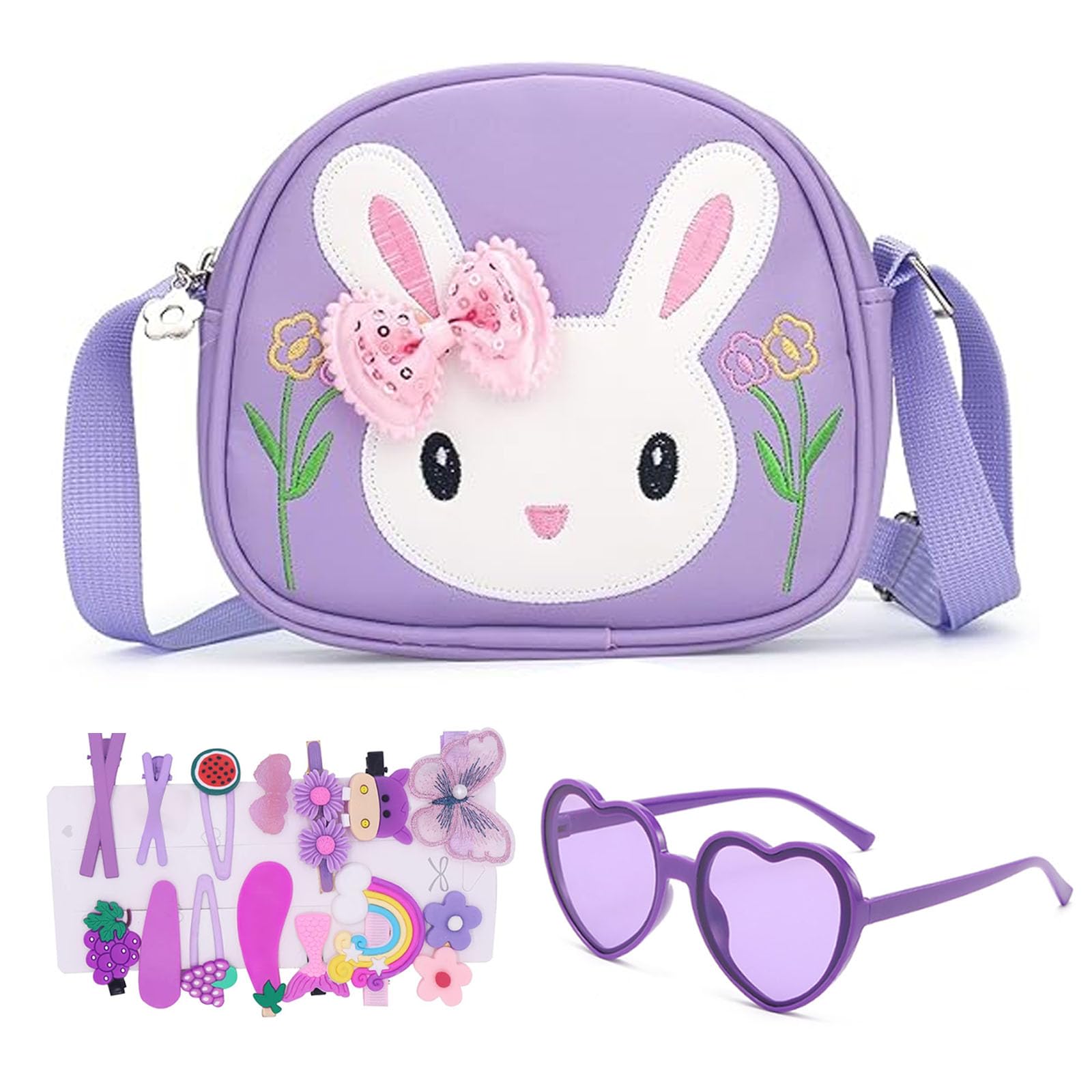dogmoon Kleines Mädchen Kaninchen Tasche, Handtasche Mädchen mit 1 Stück Lila Brille und 14 Stück Haarklemmer, Kinder Hase Geldbörse PU Leder Prinzessin Mini Handtasche für Kinder(Lila)