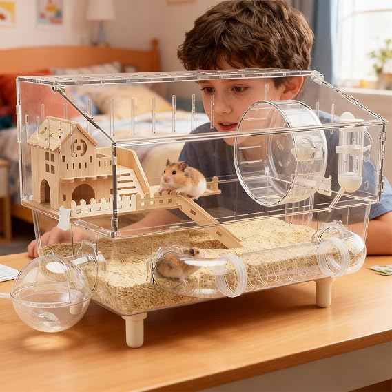Dwarf Hamster Cage - 2-Layer Clear Habitat - 17.7x11x13.3 Inch Acrylic Hamster House | for Hedgehog Gerbil Chinchilla Small Pet Breeding Indoor