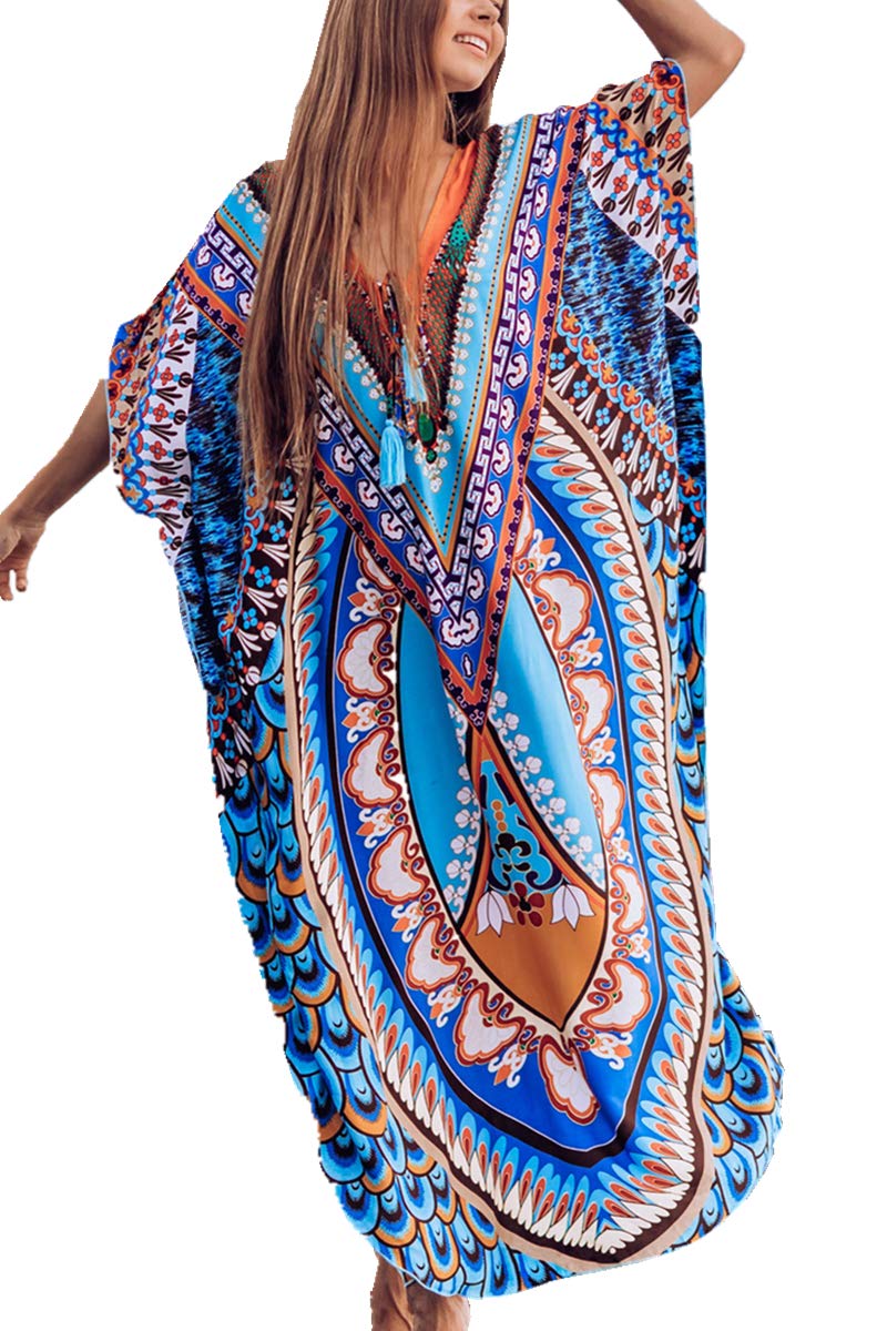 YouKD Women's Summer Bohemian Long Kaftan Ethnic Pattern Maxi Dress Beach Bikini Cover Ups Sunblock