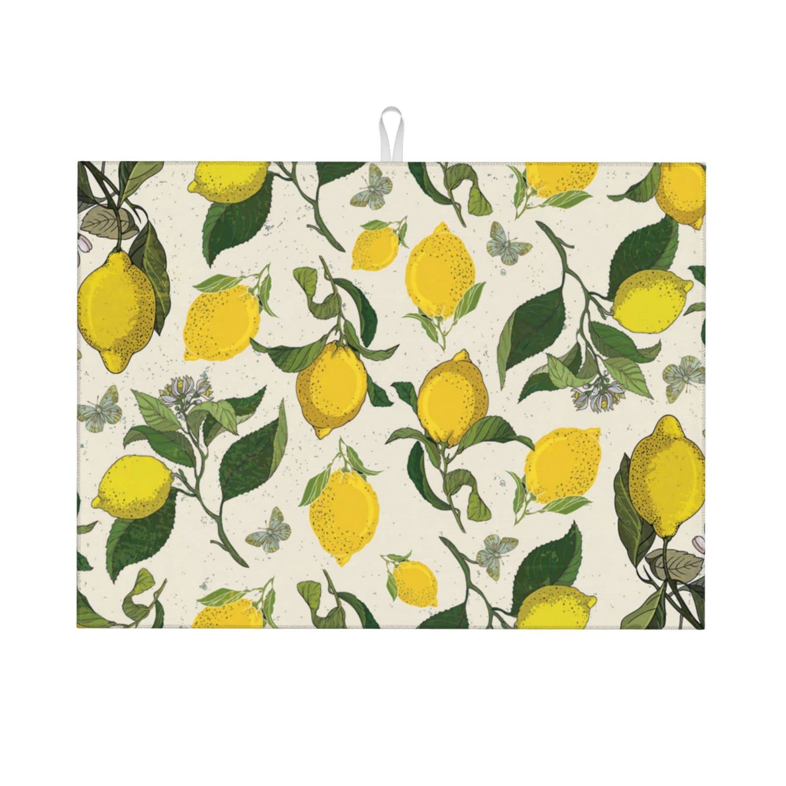 Lemon Butterfly Dish Drying Mat for Kitchen Counter Large 18" x 24" Absorbent Quick Drying Dish Pad Machine Washable