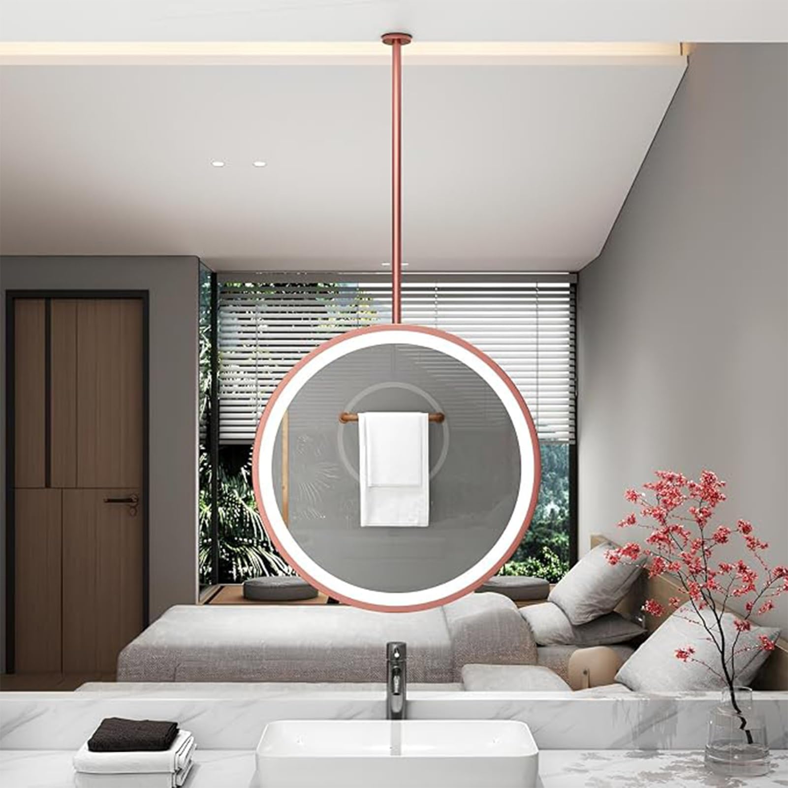 QICBYING Hanging Metal Frame LED Illuminated Bathroom Mirror, Ceiling Round Hanging Mirror Suspended With Light Touch Button, Bedroom Hallway Living Room Lighted Boom Mirror(Rose Gold,60cm)