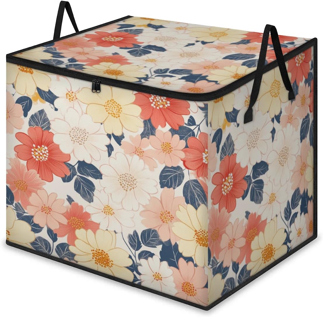 Colorful Flower Dahlia Large Storage Bags Wild Floral Foldable Clothes Storage Bins Blanket Organizers Storage Containers with Reinforced Handles for Closet Comforter Pillow Bedding
