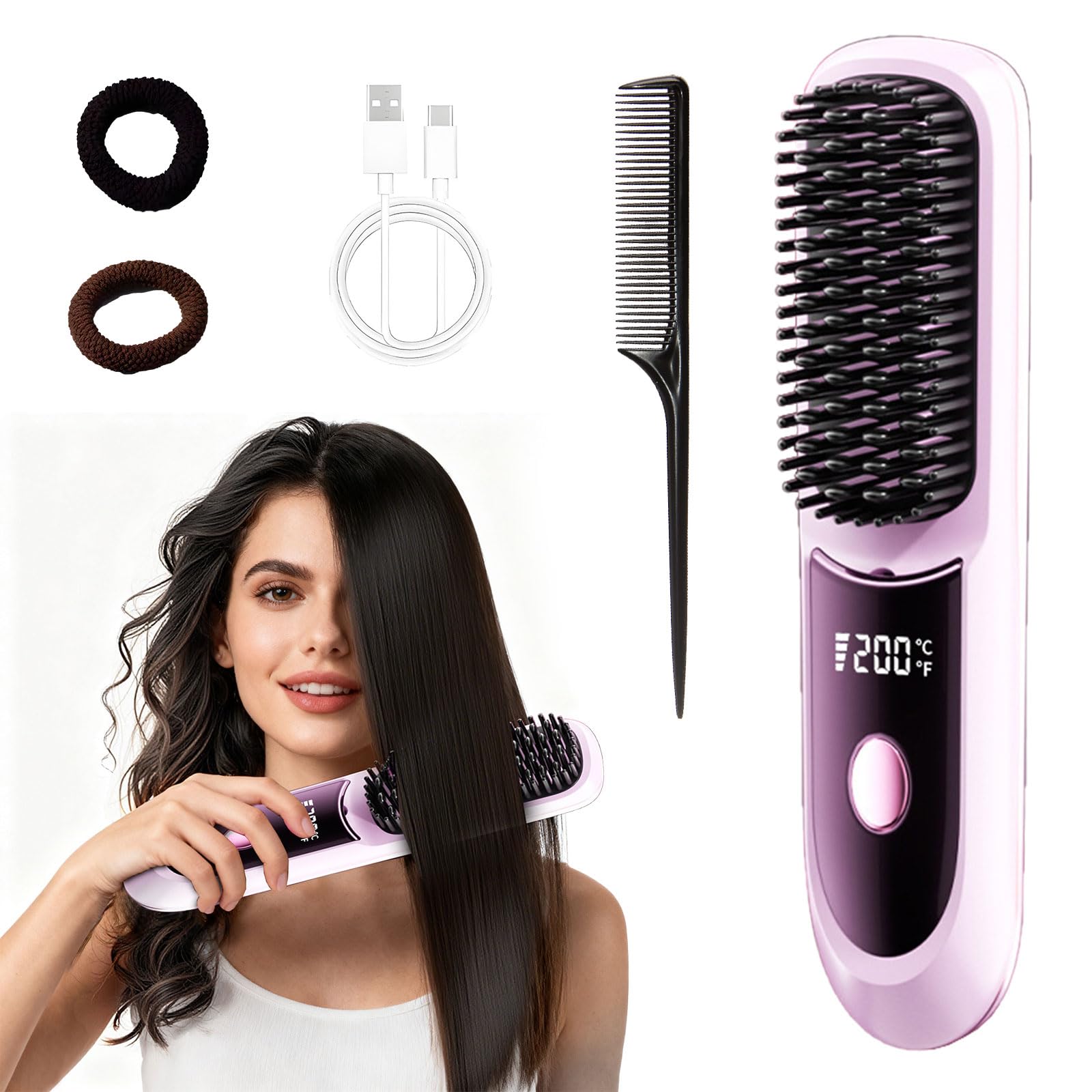 Photo 1 of Ameilika Cordless Straightening Brush, Pink, Mini