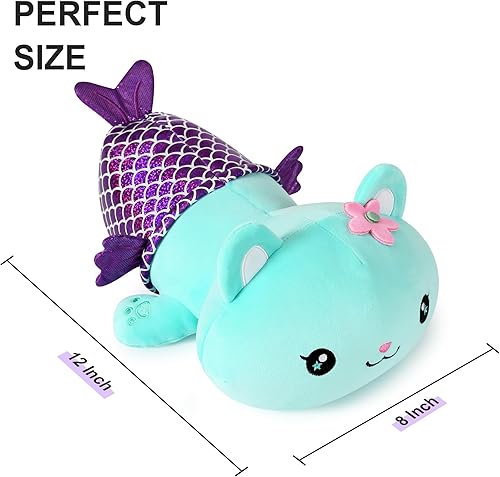 Miniatura 4 de Onsoyours Lindo gatito sirena de peluche de gatito, suave almohada de felpa de gato sirena para niños (sirena de gato azul, 12 pulgadas)