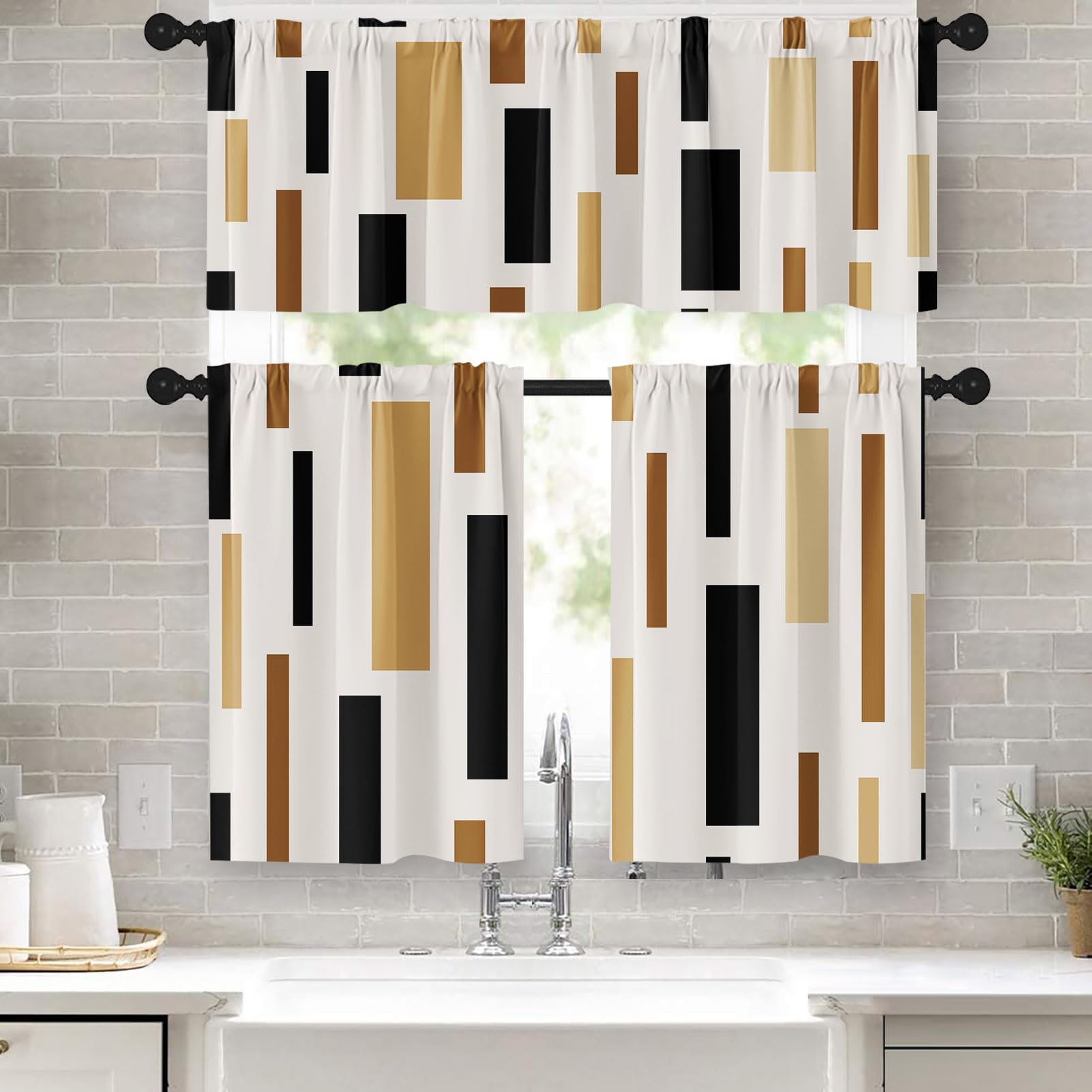 Amazon.com: Tayney Brown Beige Kitchen Curtains Geometric Black Window ...