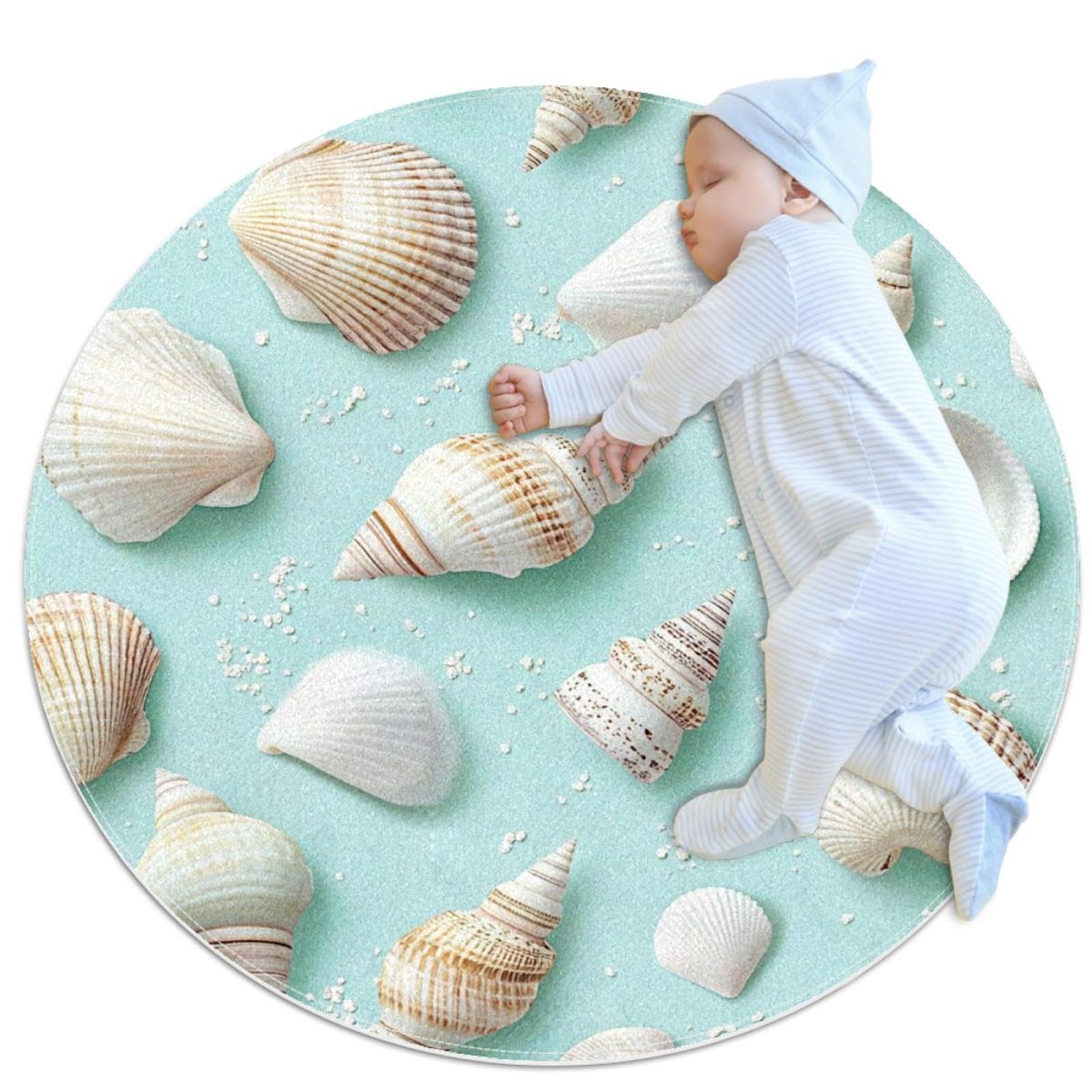 Tapis de salle de bain rond 1m motif coquillages antidérapant pour chambre
