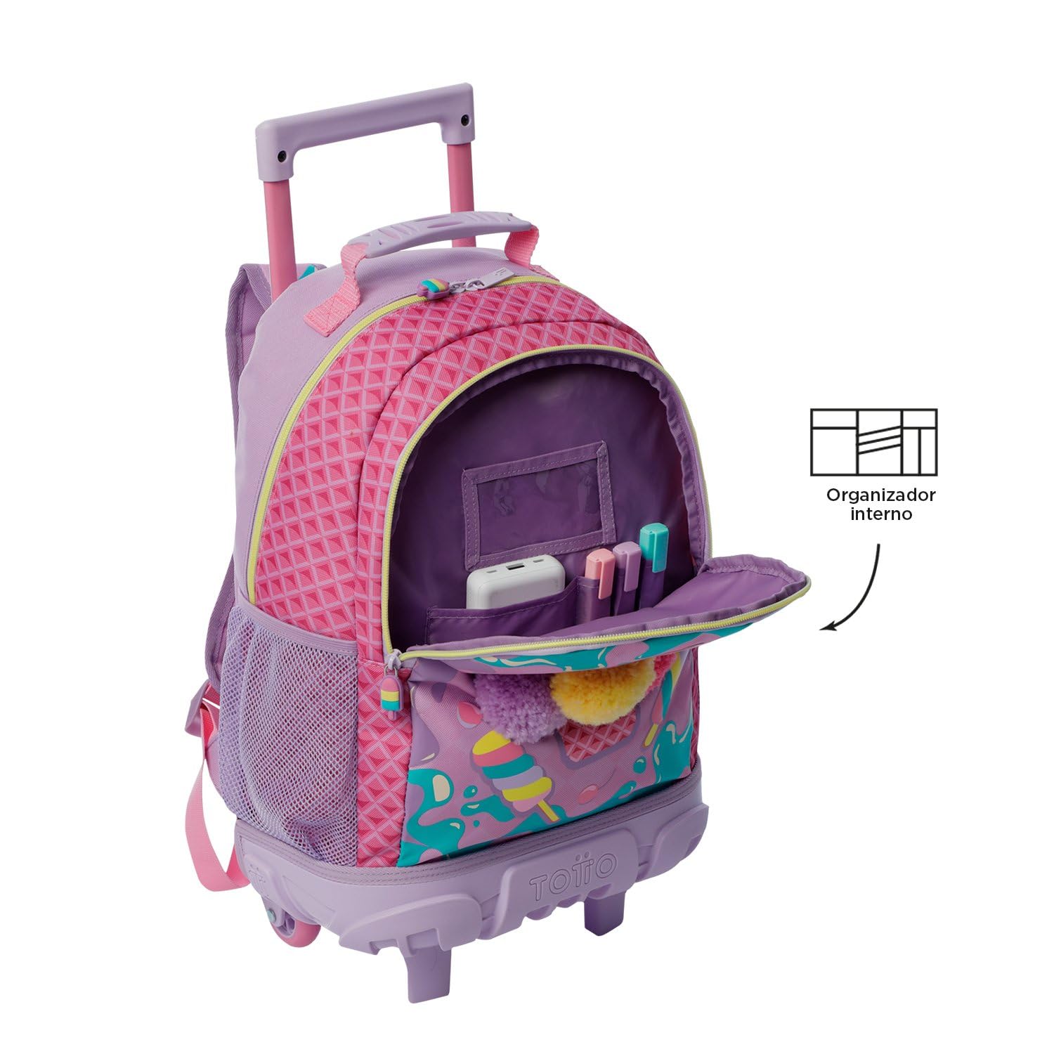 TOTTO - Mochila Escolar con Ruedas, Modelo Ice Pop, 2 Compartimentos, 2 Bolsillos Botella, Protección en la Base, Cómodas Correas Ajustables, Color Rosa