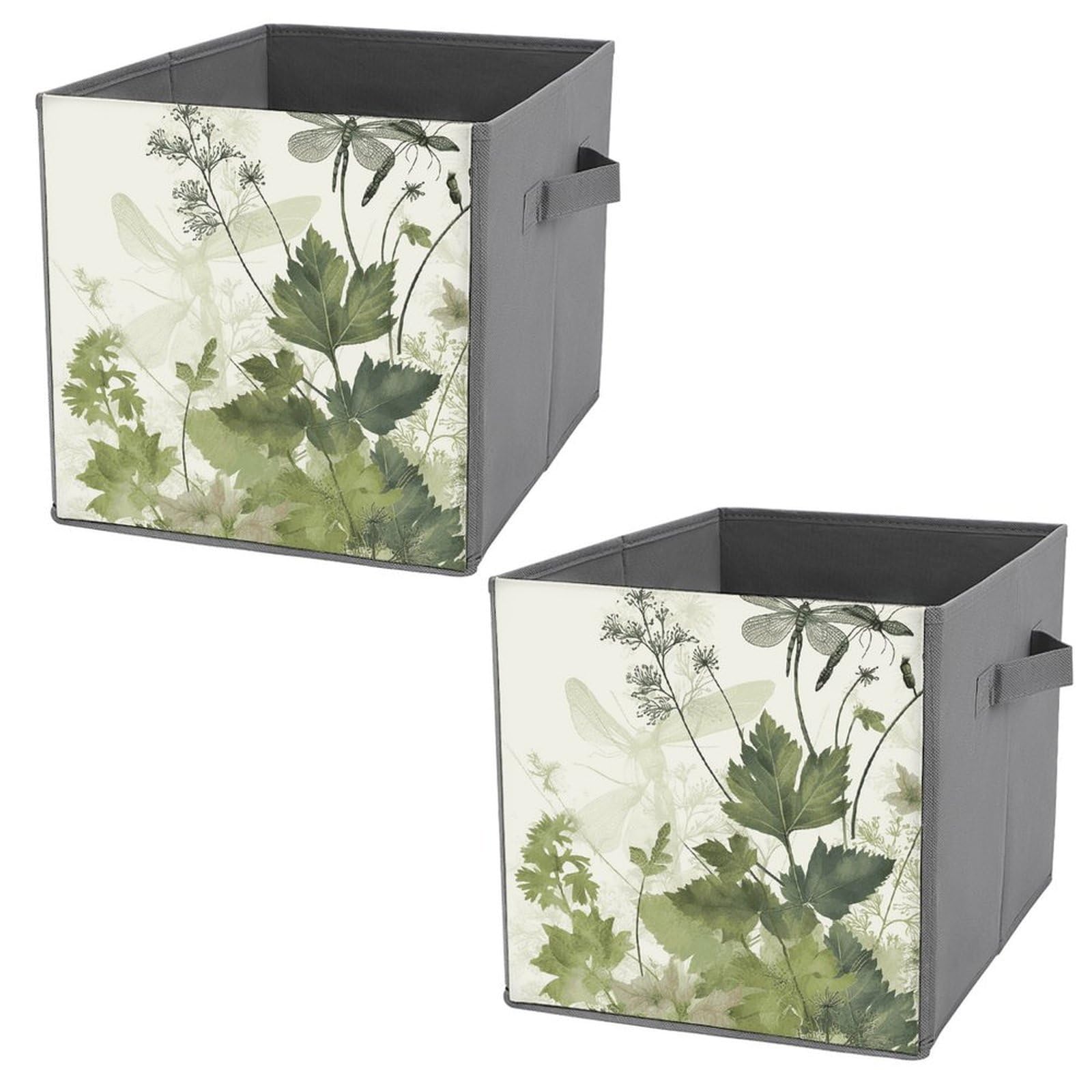 Collapsible Storage Bins with Dual Handles Fabric Storage Basket Foldable Cubes Organizer Baskets Foliage And Herbs with Dragonflies Winged Storage Boxes for Organizing Clothing Cube Storage Organizer