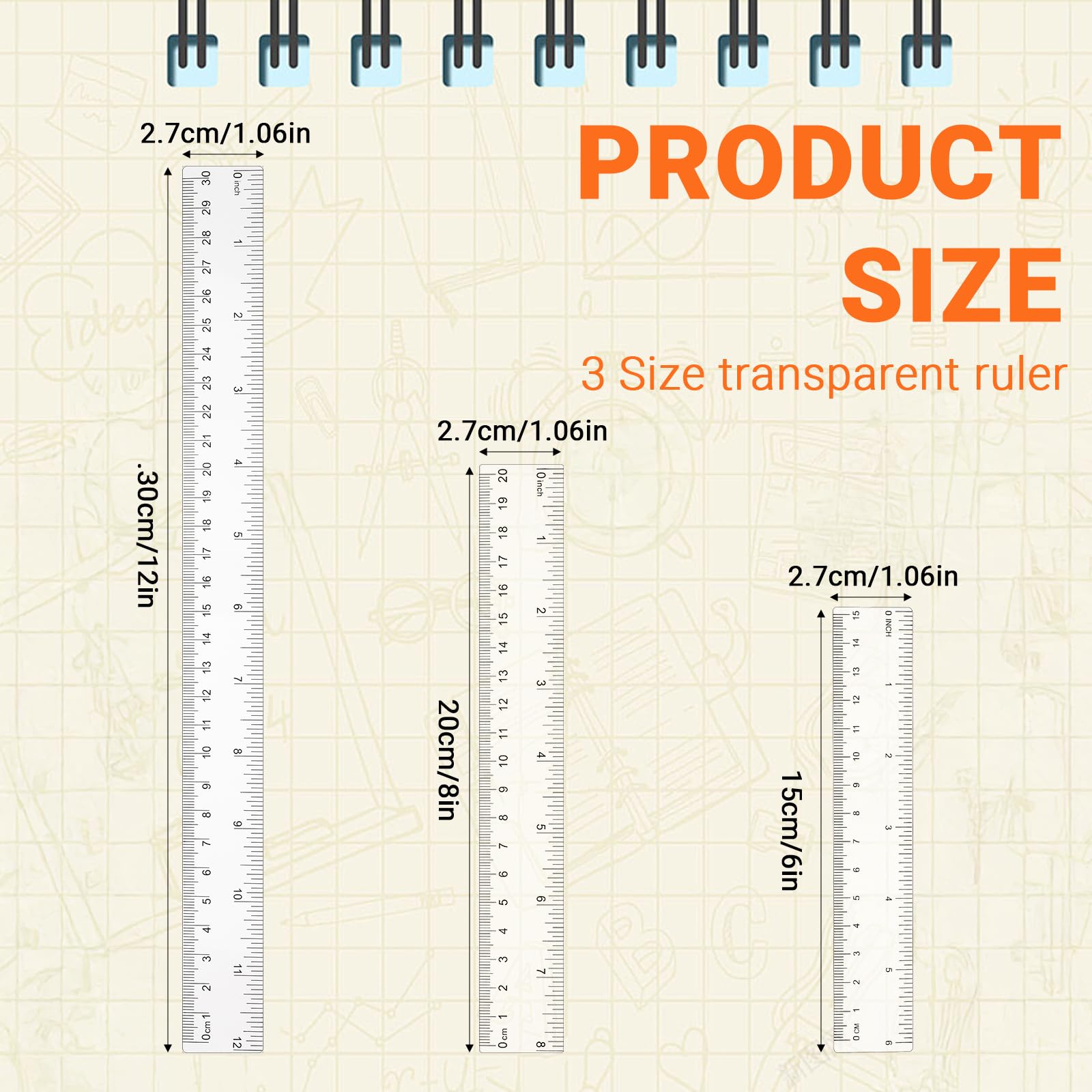 3Pcs Clear Ruler, 6 Inch 8 Inch 12 Inch Plastic Ruler Set Acrylic Straight Rulers with Centimeters and Inches Transparent Measuring Tools for Student School Office - Image 2