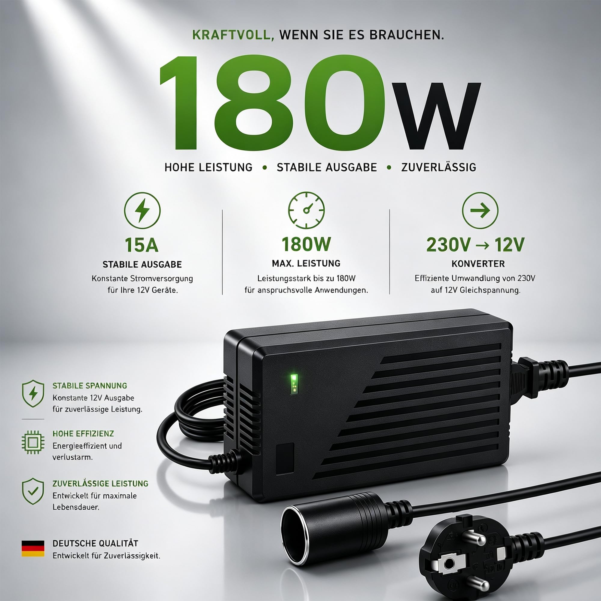 RGBer® | Convertisseur Transformateur 220V 12V | 15A 180 W | Adaptateur Secteur pour Allume-Cigare, Prise Allume-Cigare