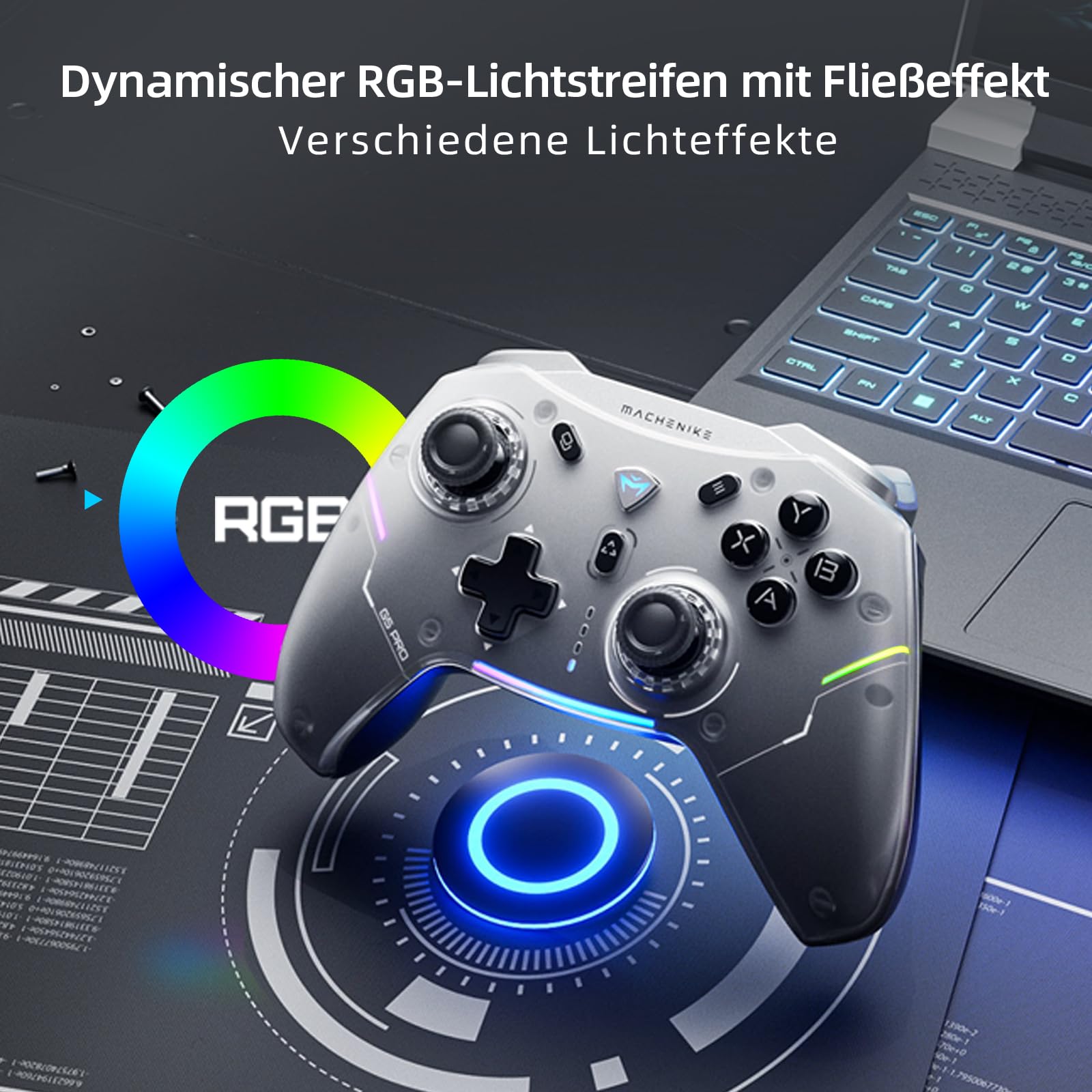 Machenike G5 Pro Wireless Controller für PC Switch iOS Android, RGB, Hall Effekt Joystick Trigger, Gyroskop, Weiß