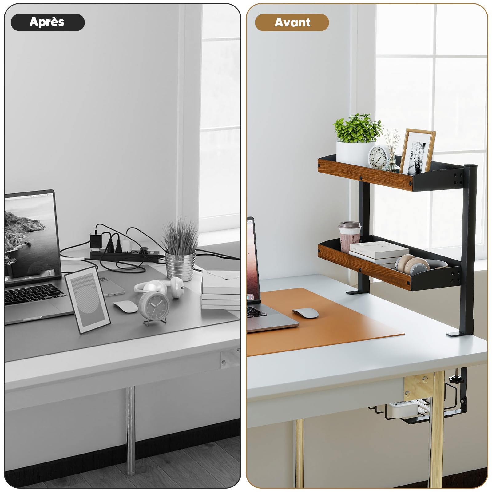 bimiti Organisateur de Bureau à Pince 2 Niveaux 17 Pouces avec Rangement Réglable pour Accessoires de Table Étagère de Bureau à Pince Installer en Haut ou en Bas，44 x 51x 17,5 cm，Marron rétro