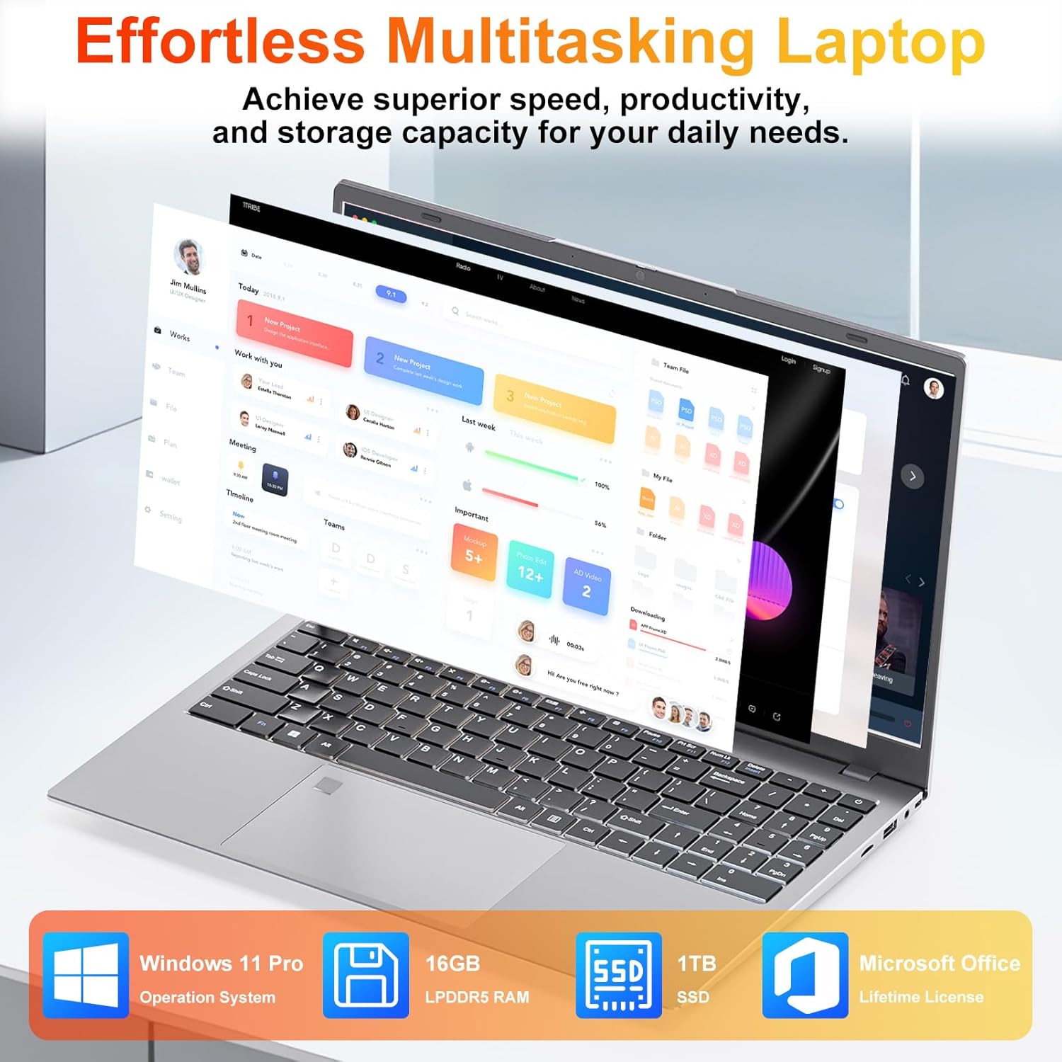 GINA 15 15.6" FHD Laptop Compter, Windows 11 Pro for Students, Intel Quad-Core N100, 16GB DDR5 RAM, 1TB SSD, Free MS Office, Fingerprint, Numeric Keypad, Type-C, HDMI, USB 3.2, 2-Year Warranty