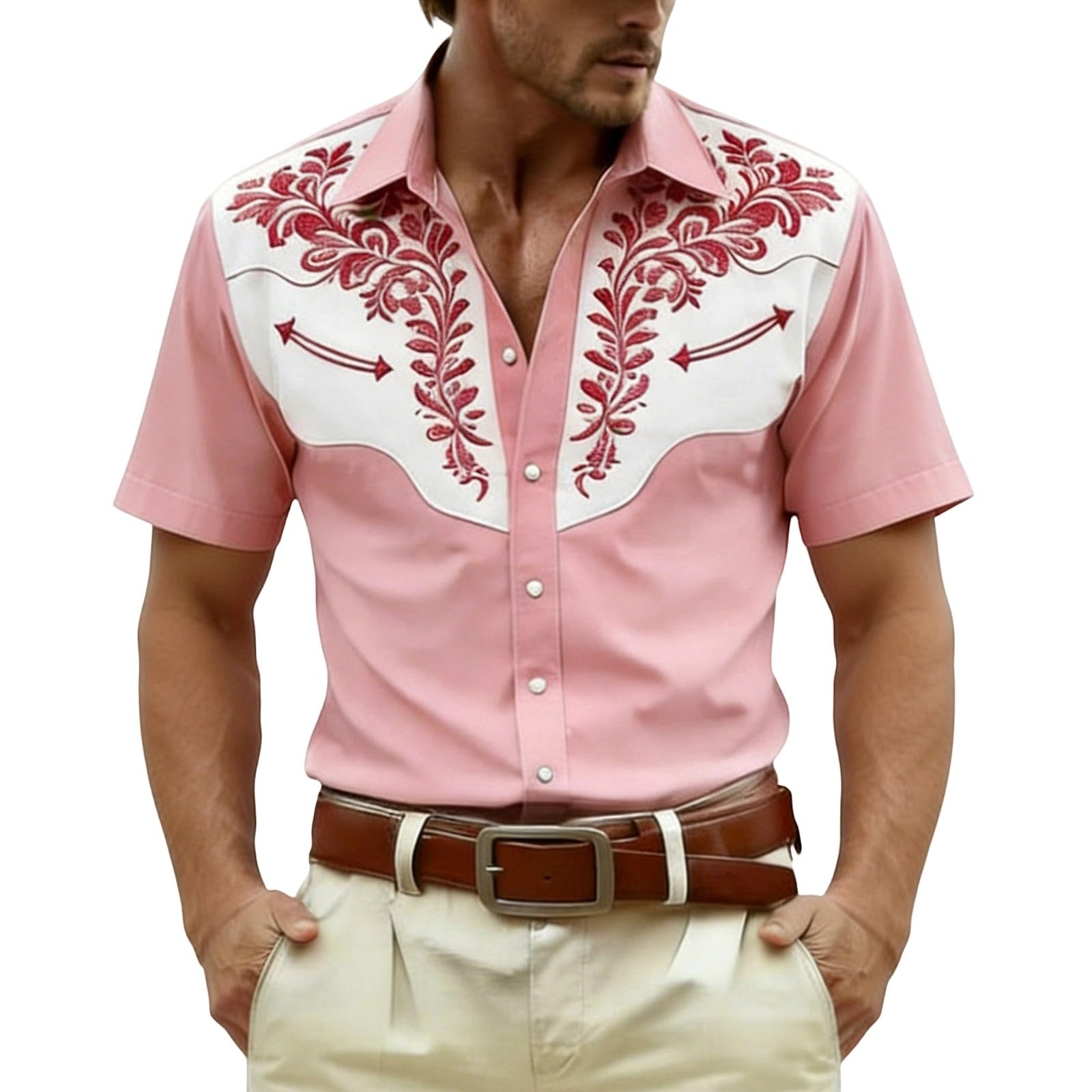 Cowboy Shirt Men's Western Shirts Cowboy Costume Men Western Shirts Western Cowboy Shirt Snap Embroidery Shirts Lapel Collar Classic Casual Shirt for Carnival Party Outfit, O Rosa, XXXL